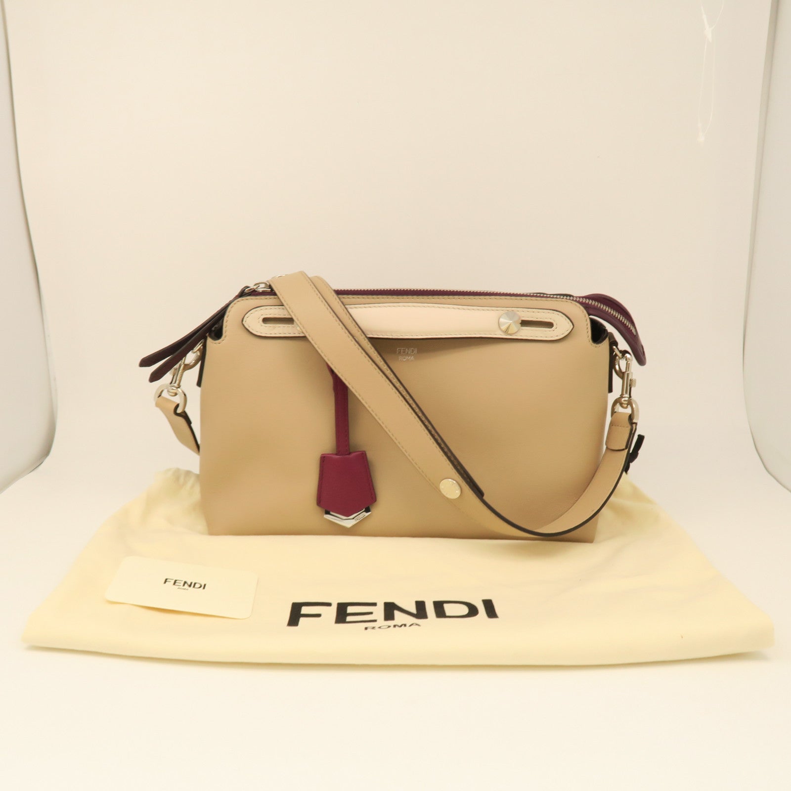 FENDI Cowhide Leather By The Way Medium Shoulder Bag Silver Buckle Beige