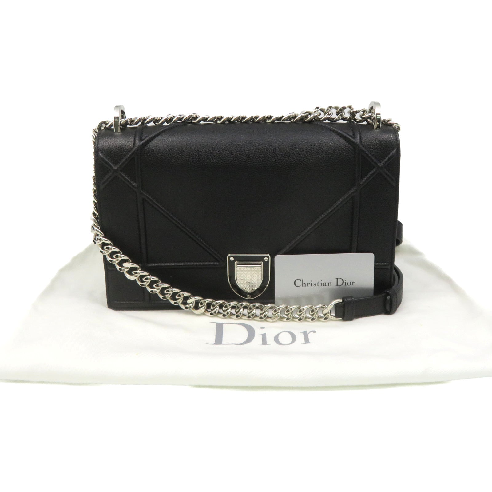 Dior 牛皮皮革Diorama Shoulder Bag银扣链带肩背袋黑色