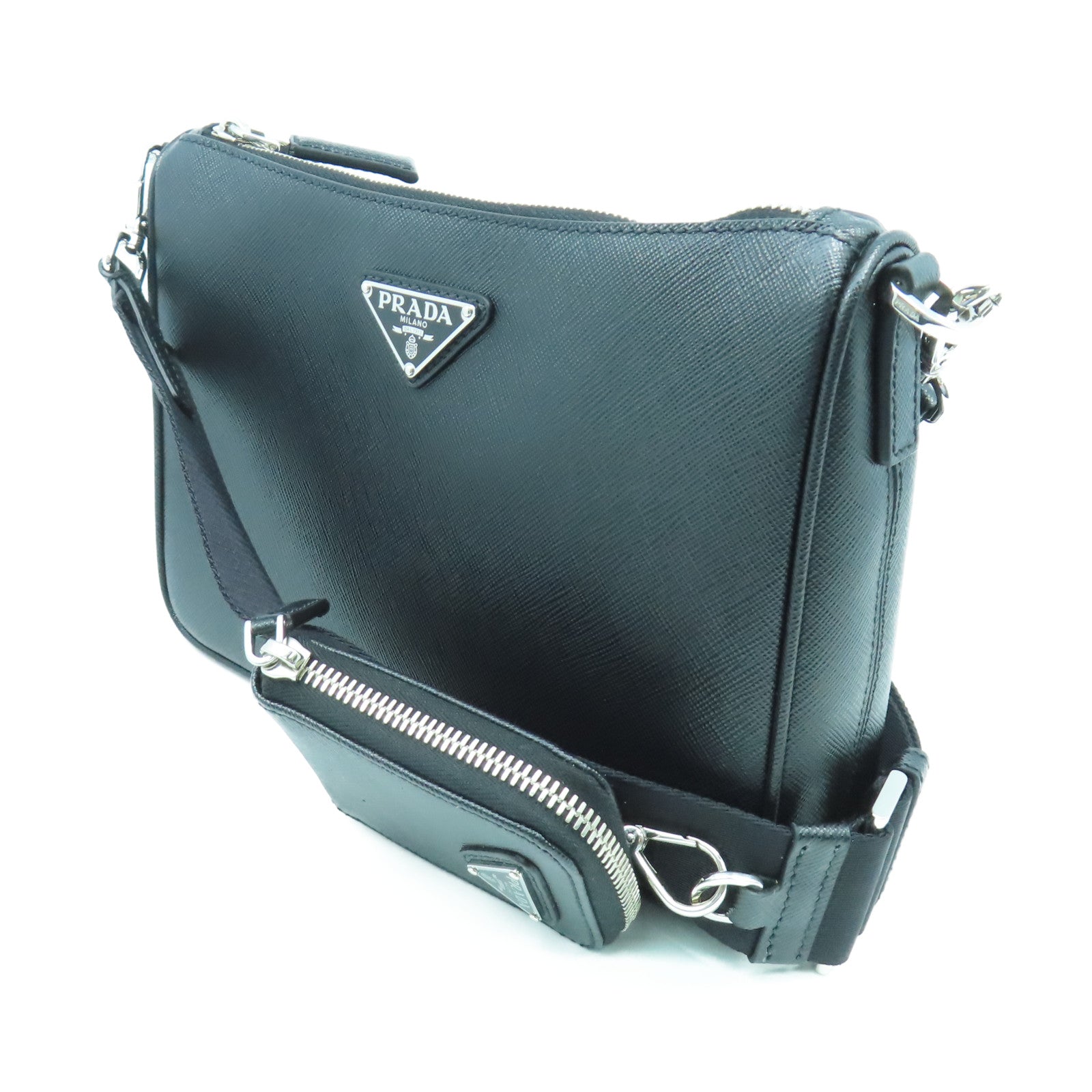 PRADA 牛皮皮革Shoulder Bag銀扣肩背袋黑色