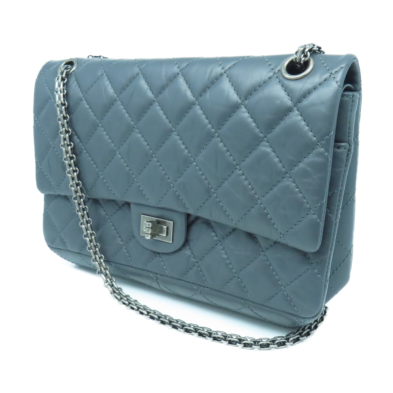 CHANEL rhombic cowhide leather 2.55 Chain Shoulder silver buckle chain shoulder bag gray