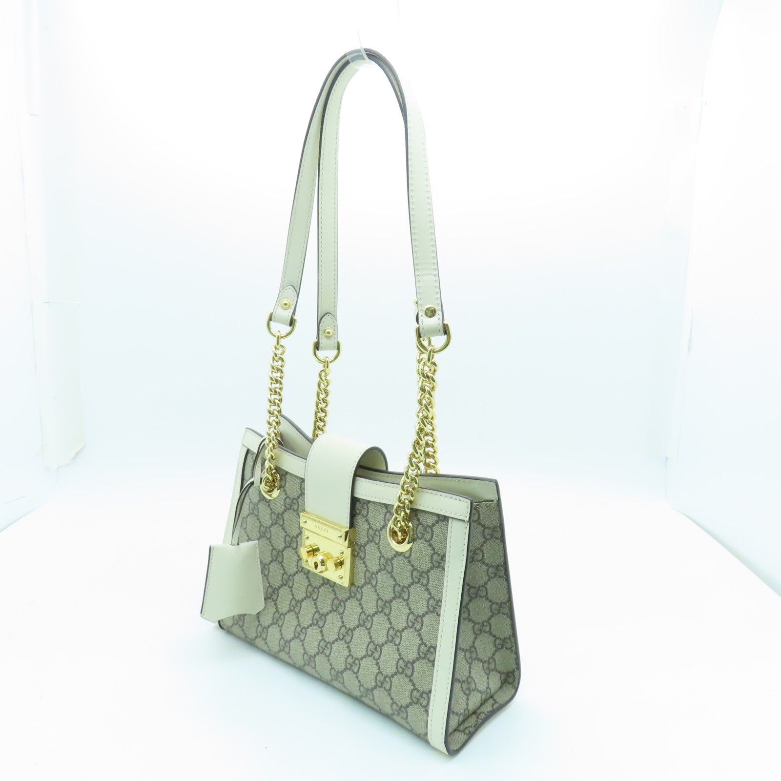 GUCCI Coated Canvas Padlock GG Small Gold Buckle Chain Shoulder Bag White/Brown