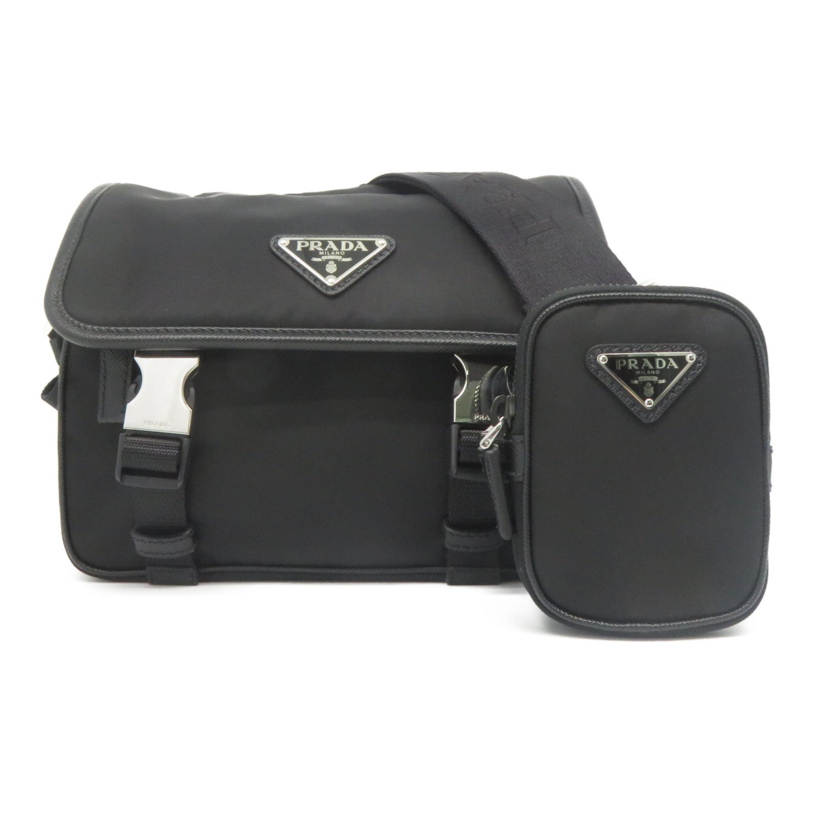 PRADA 尼龍/Saffiano皮革Shoulder Bag銀扣肩背袋黑色