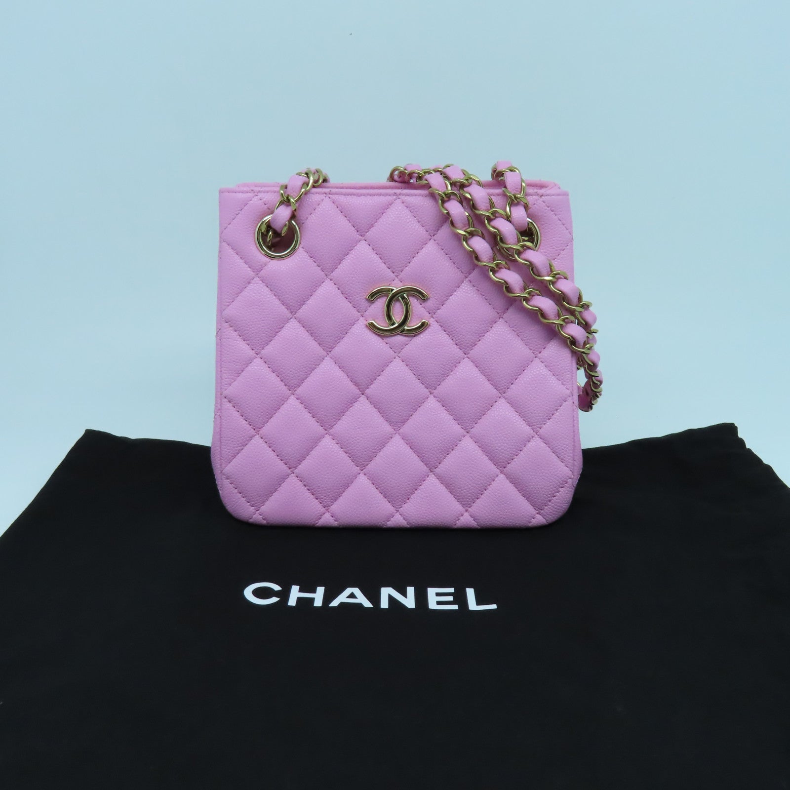 CHANEL 菱格牛皮皮革Chain Shoulder金扣鏈帶肩背袋粉紅色