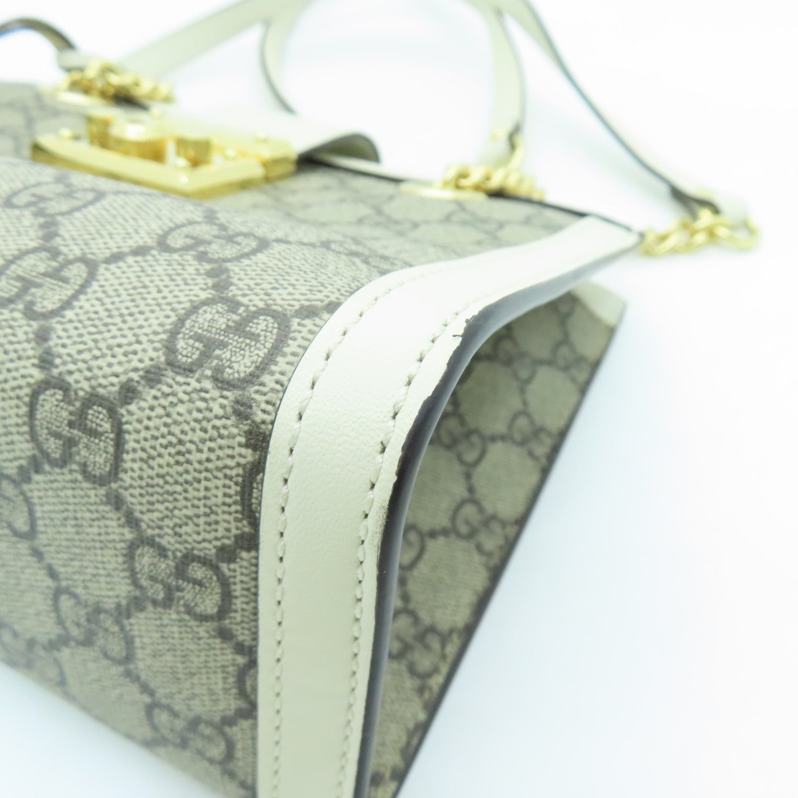 GUCCI Coated Canvas Padlock GG Small Gold Buckle Chain Shoulder Bag White/Brown