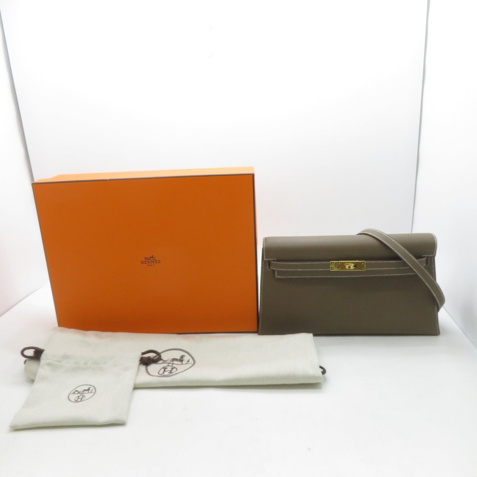 HERMES Madame皮革 Kelly Elan金扣肩背袋Etoupe大象灰色