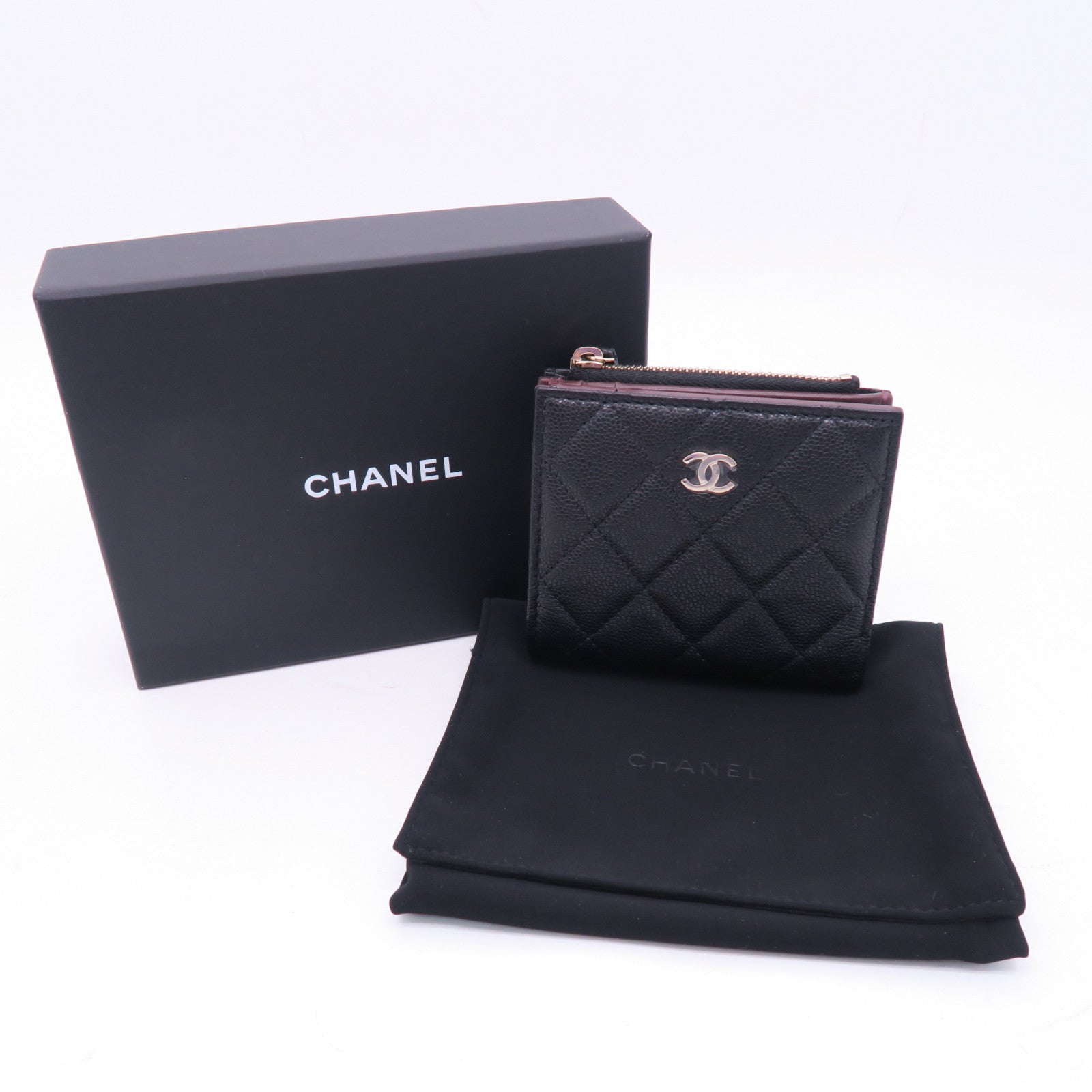 CHANEL 菱格Caviar皮革Wallet銀扣錢包黑色