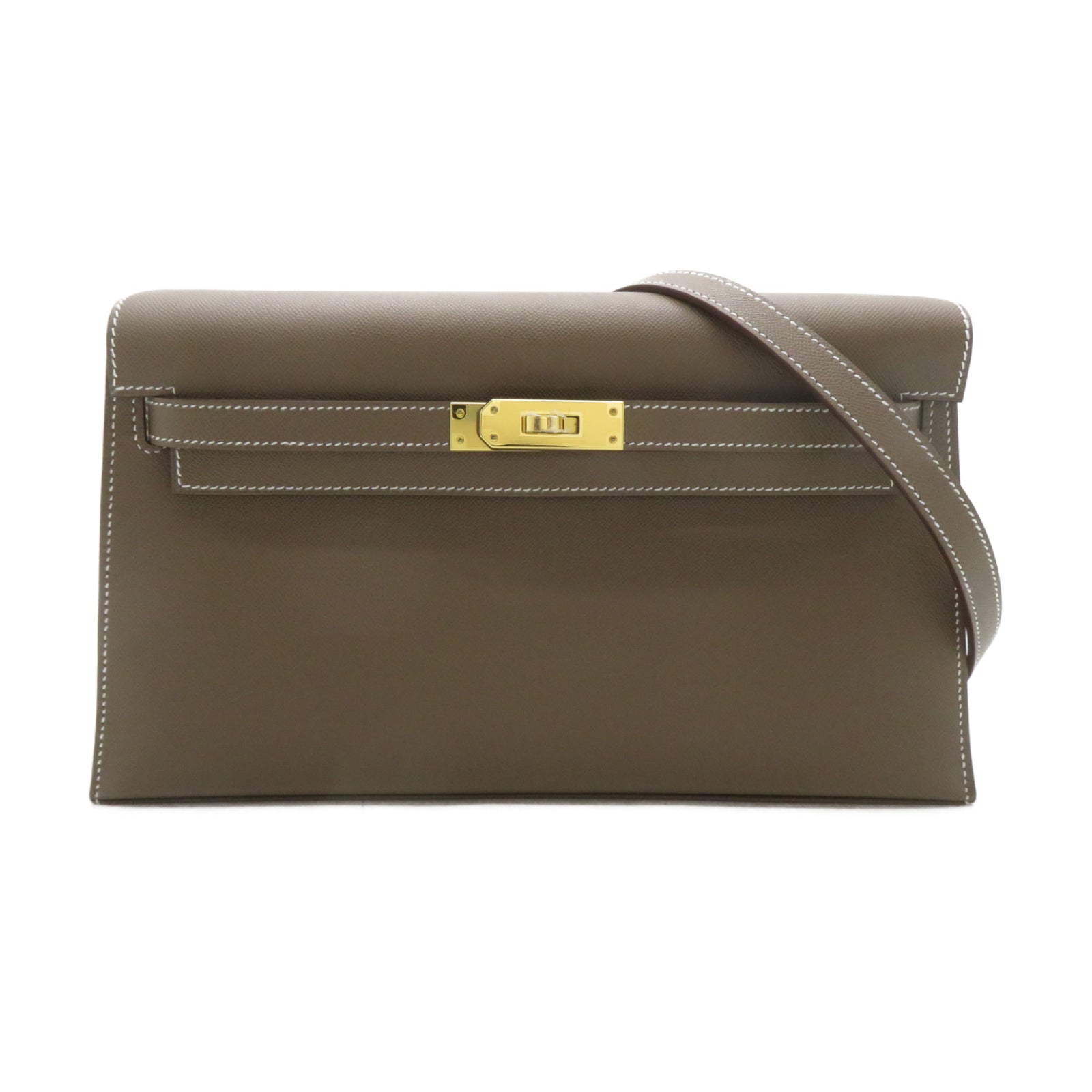 HERMES Madame皮革 Kelly Elan金扣肩背袋Etoupe大象灰色