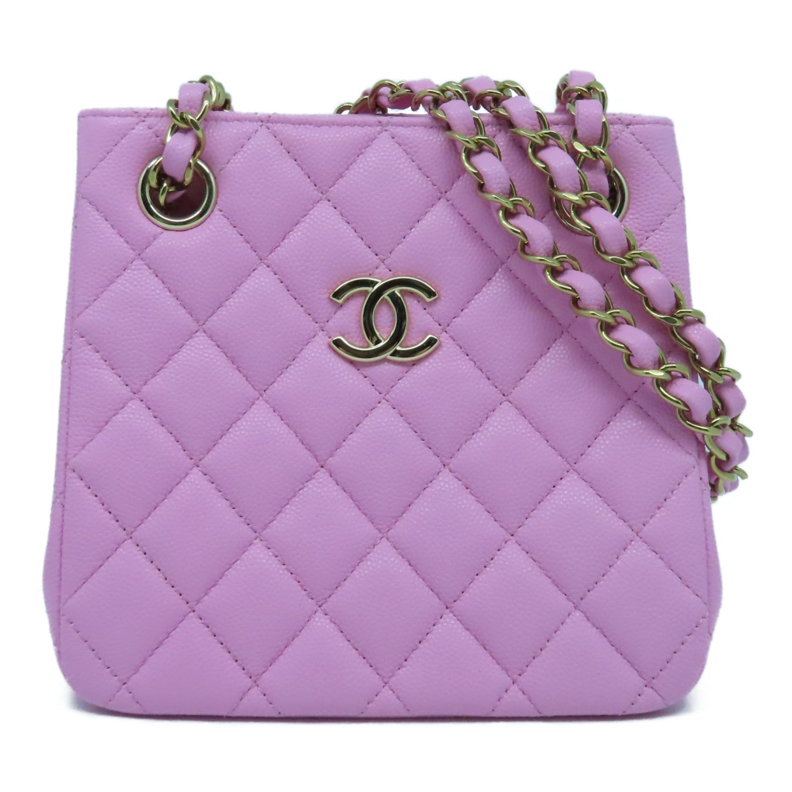CHANEL 菱格牛皮皮革Chain Shoulder金扣鏈帶肩背袋粉紅色