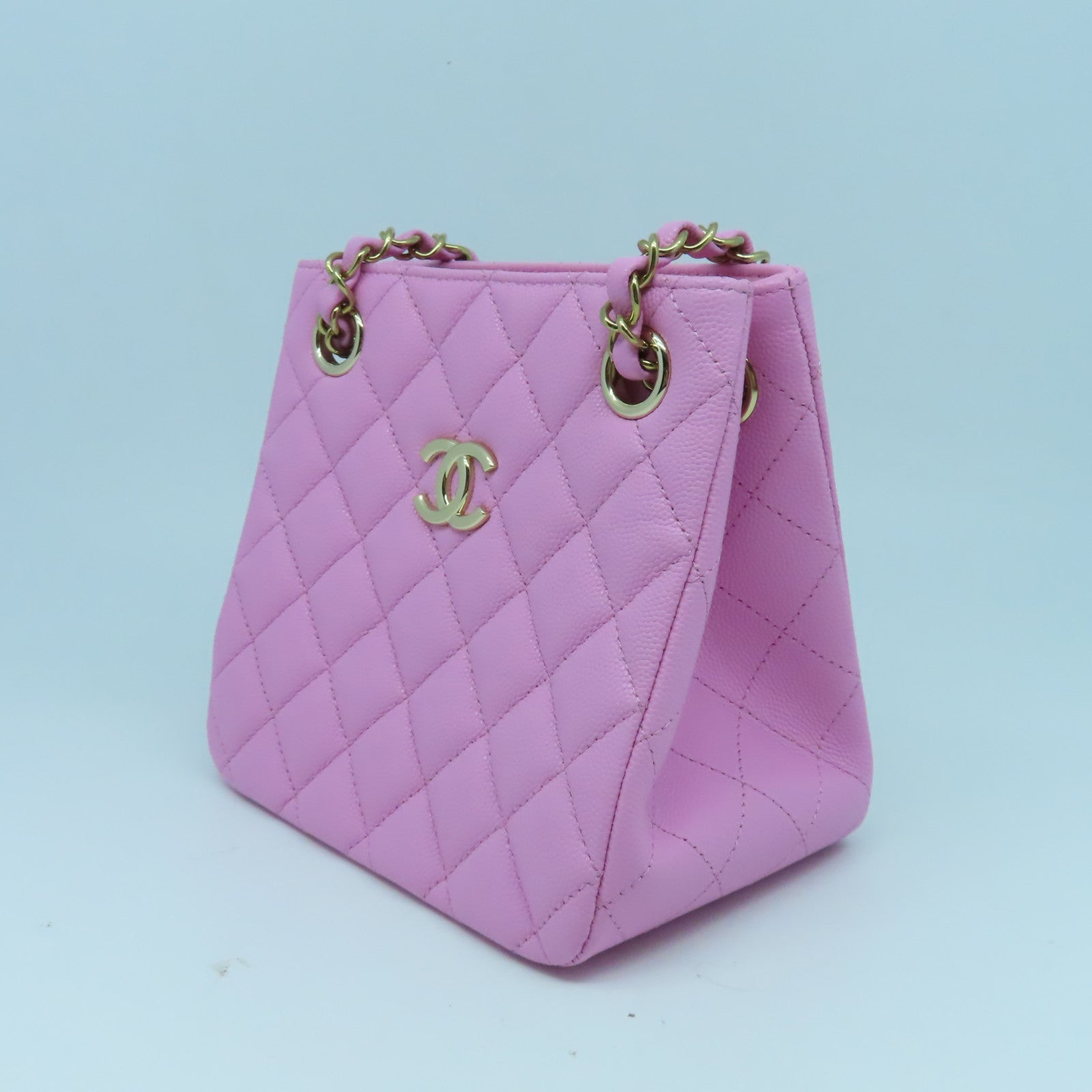 CHANEL 菱格牛皮皮革Chain Shoulder金扣鏈帶肩背袋粉紅色