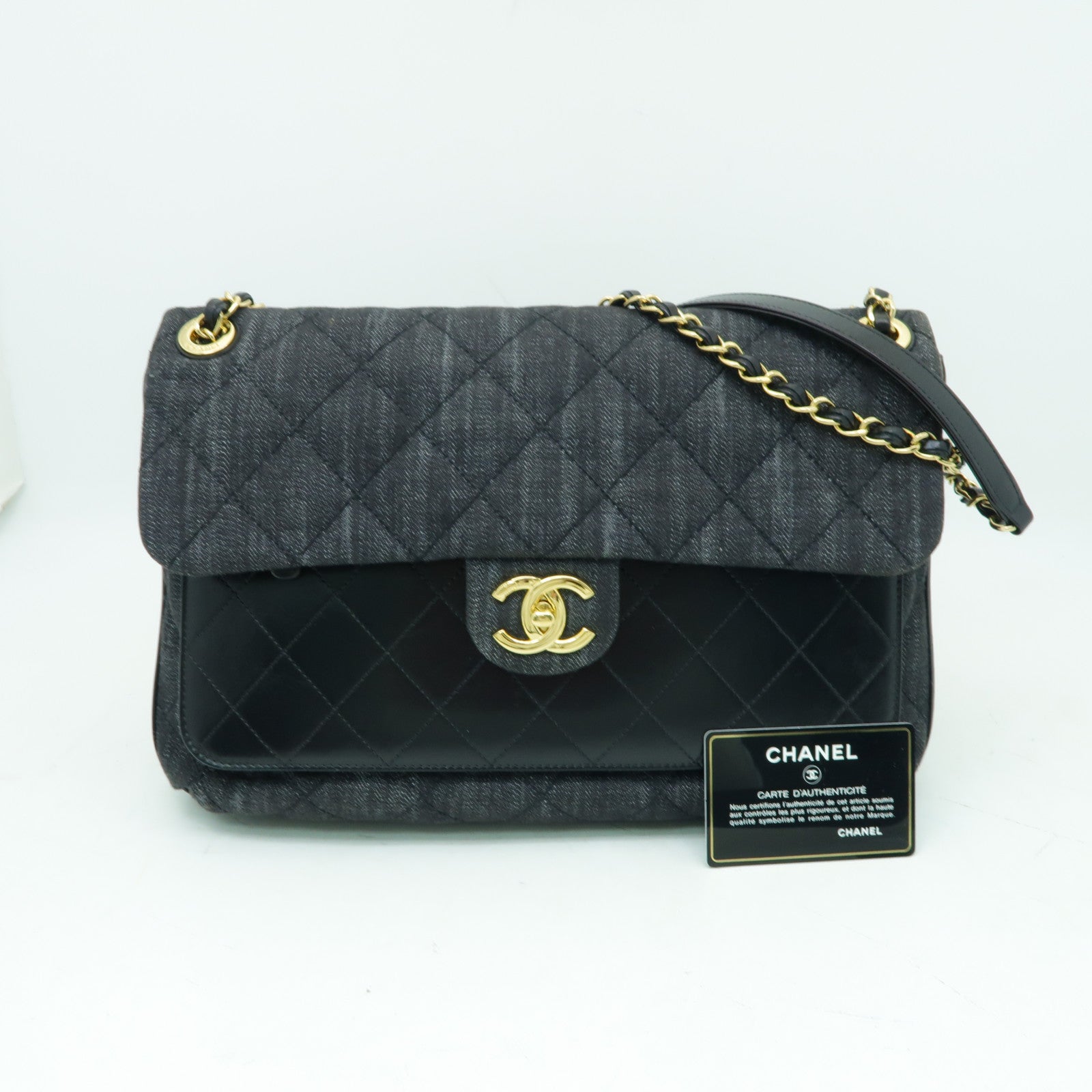 CHANEL 菱格帆布/牛皮皮革Chain Shoulder金扣鏈帶肩背袋黑色