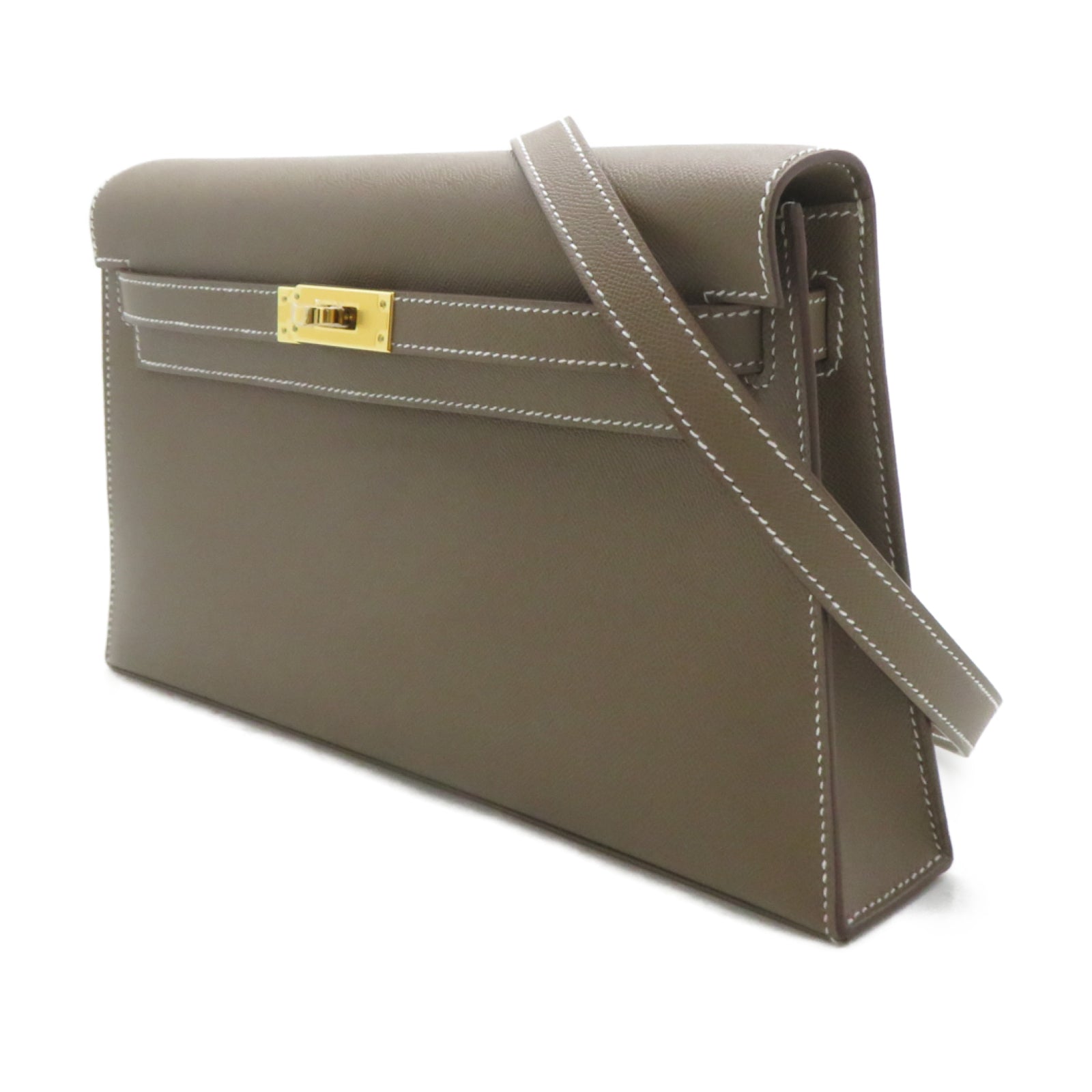 HERMES Madame皮革 Kelly Elan金扣肩背袋Etoupe大象灰色