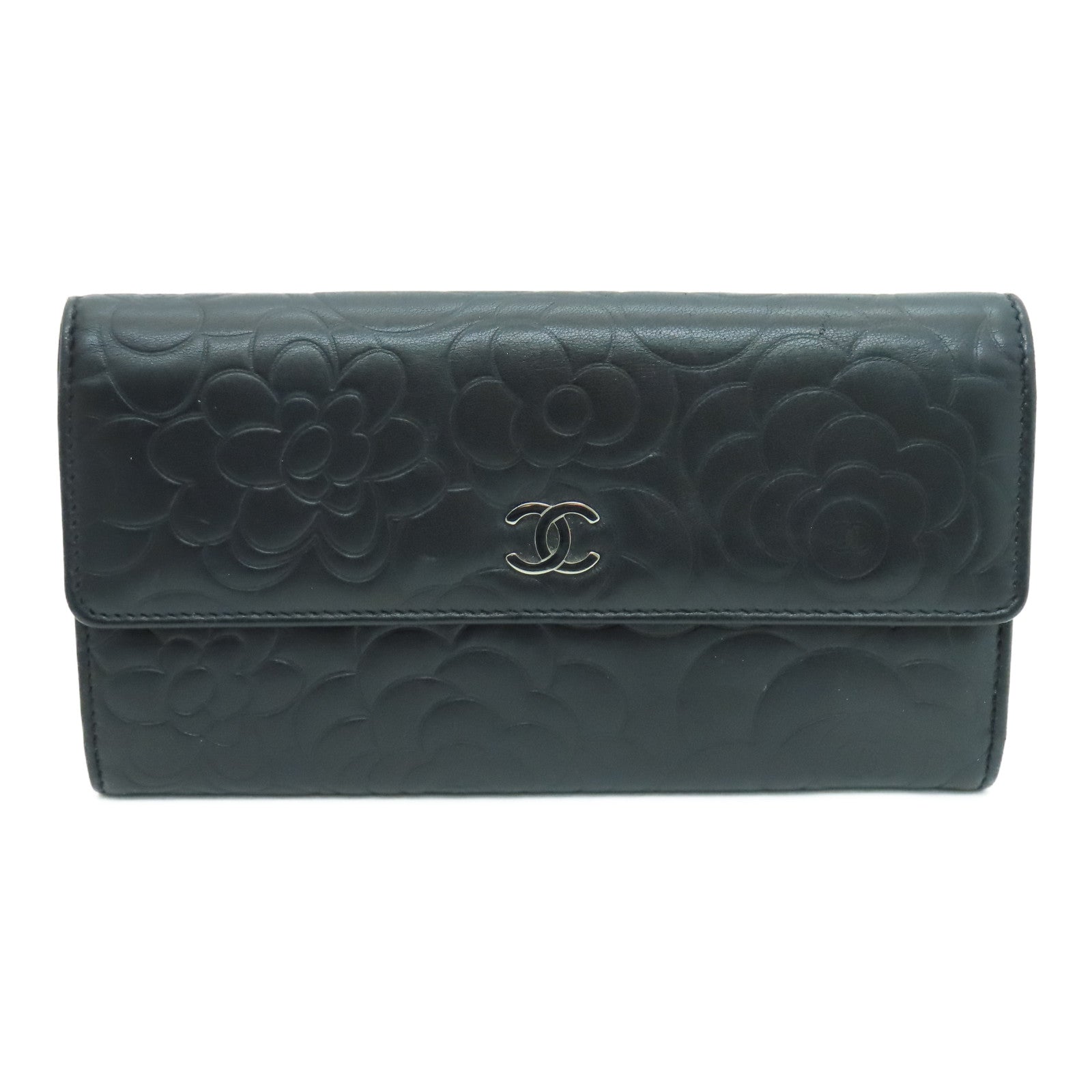 CHANEL 羊皮皮革Long Wallet银扣长钱包黑色