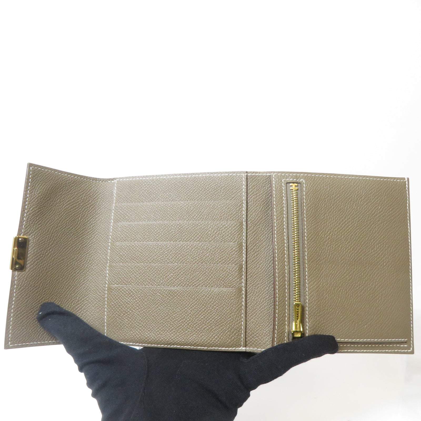 HERMES Epsom皮革Wallet金扣錢包Etoupe大象灰色