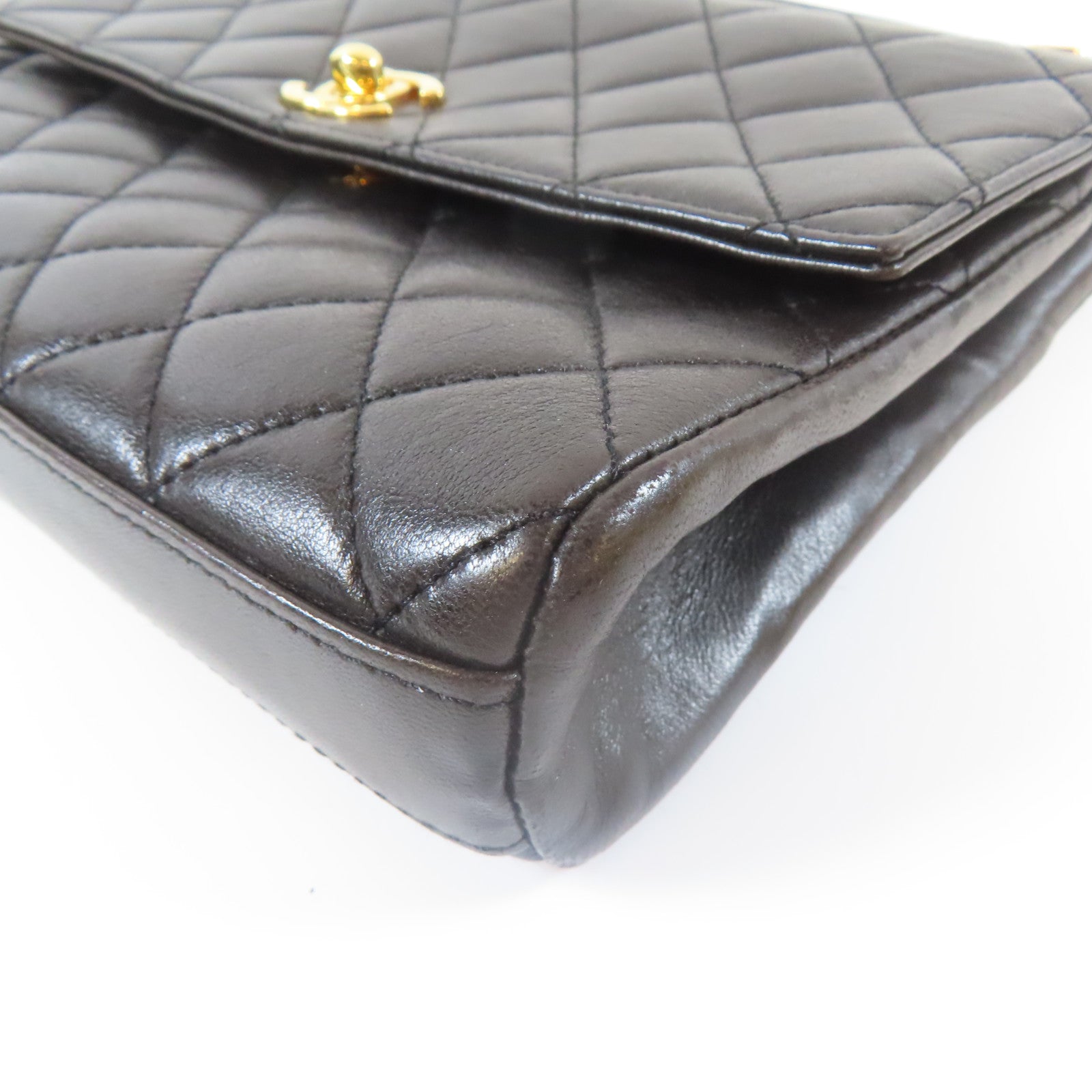 CHANEL 菱格羊皮皮革Handbag金扣手挽袋黑色