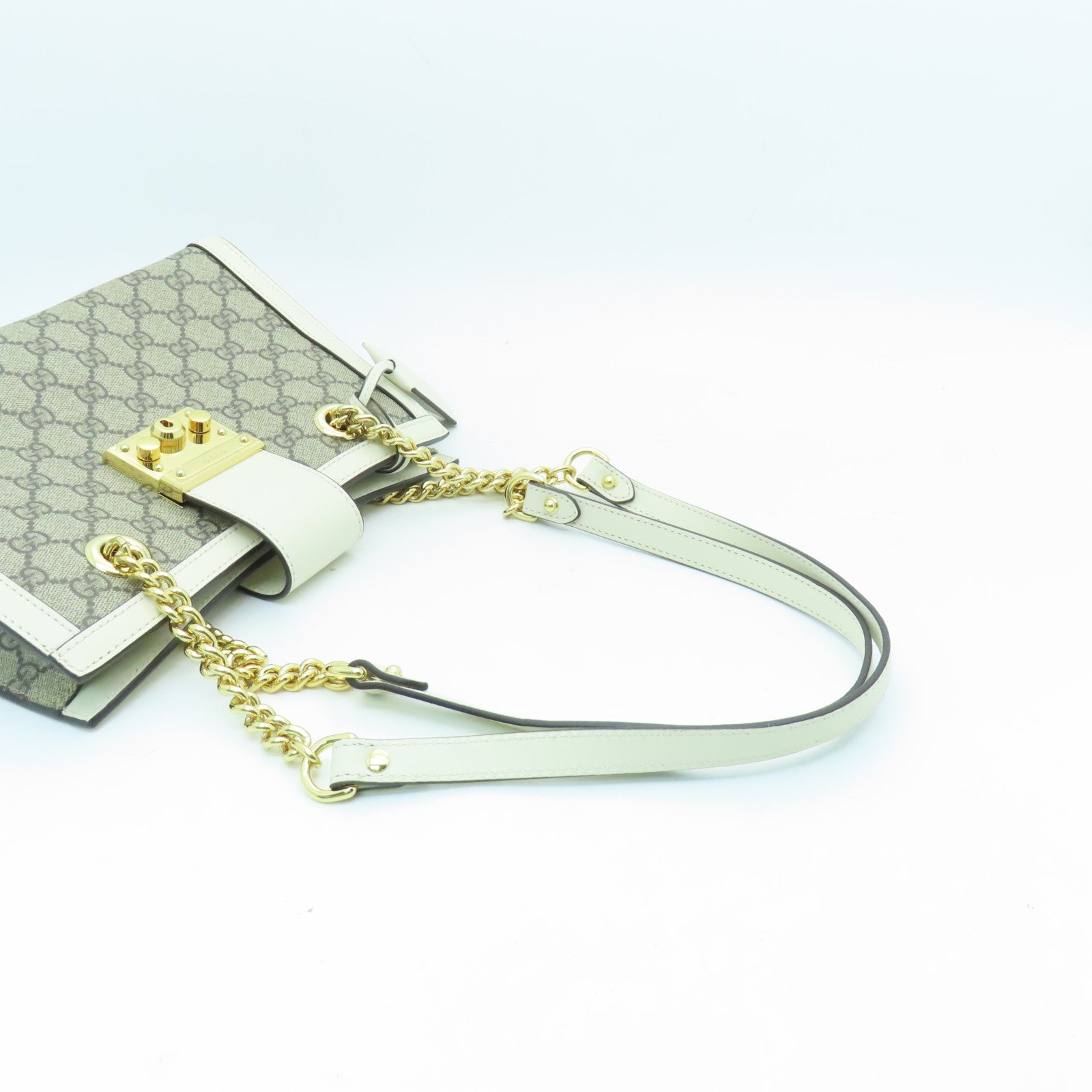 GUCCI Coated Canvas Padlock GG Small Gold Buckle Chain Shoulder Bag White/Brown