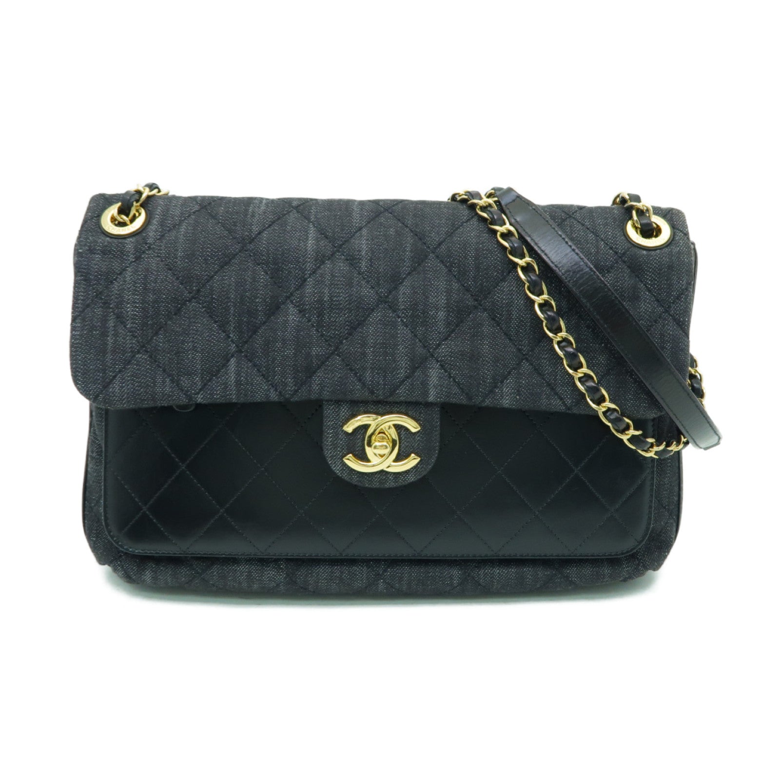 CHANEL 菱格帆布/牛皮皮革Chain Shoulder金扣鏈帶肩背袋黑色
