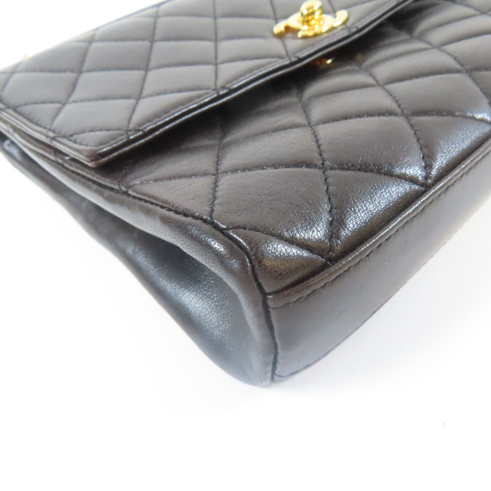 CHANEL 菱格羊皮皮革Handbag金扣手挽袋黑色
