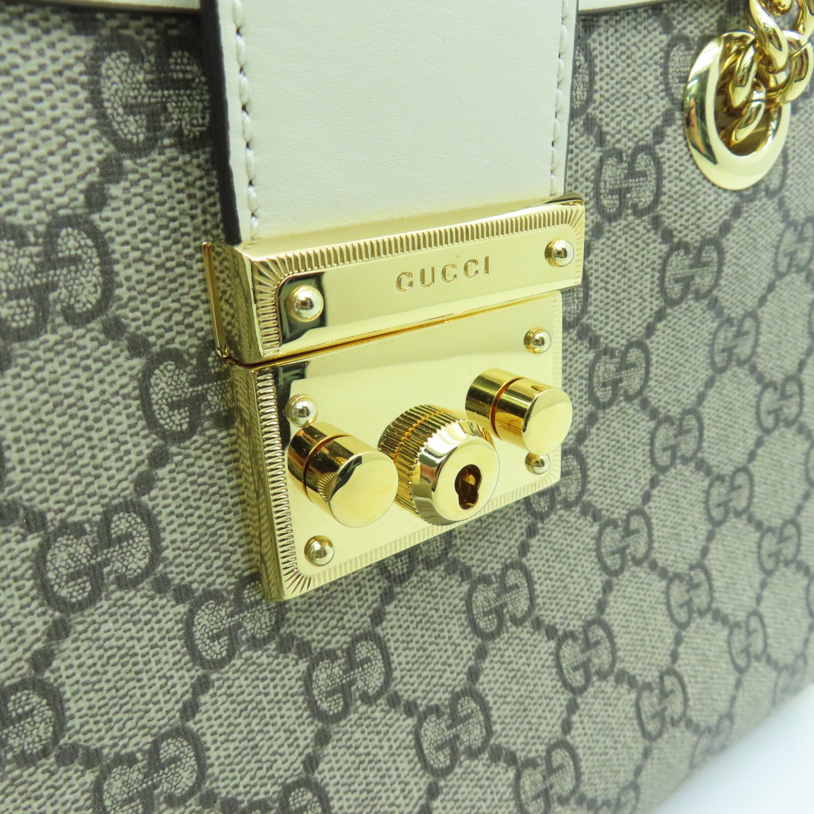 GUCCI Coated Canvas Padlock GG Small Gold Buckle Chain Shoulder Bag White/Brown