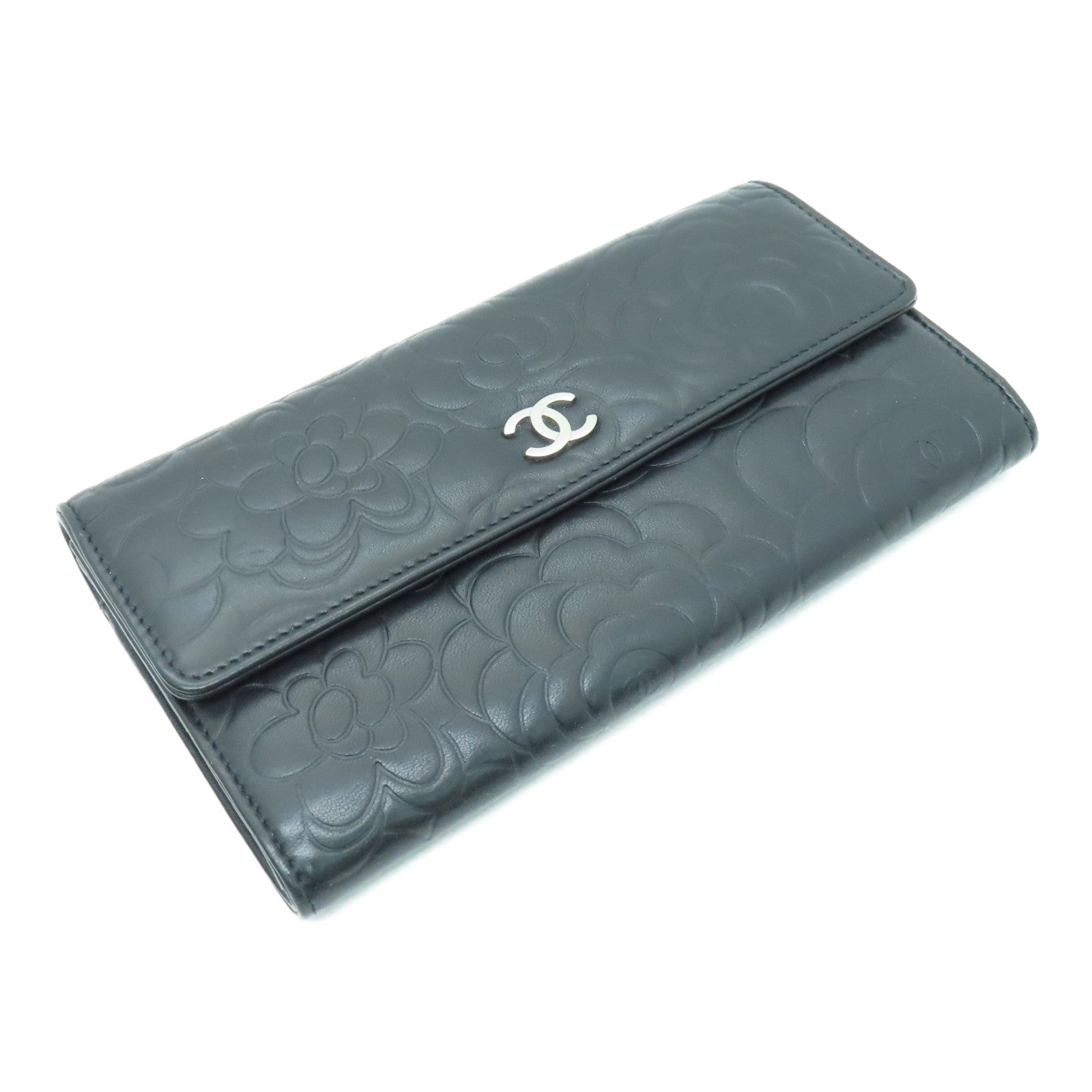 CHANEL 羊皮皮革Long Wallet银扣长钱包黑色