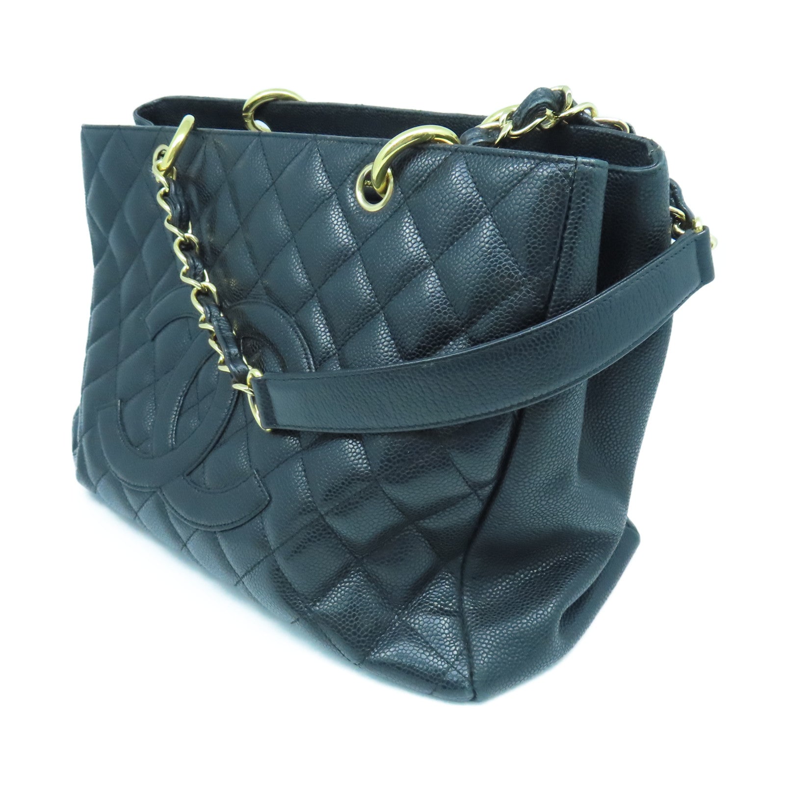 CHANEL Rhombus Caviar Leather GST Gold Buckle Chain Shoulder Bag Black