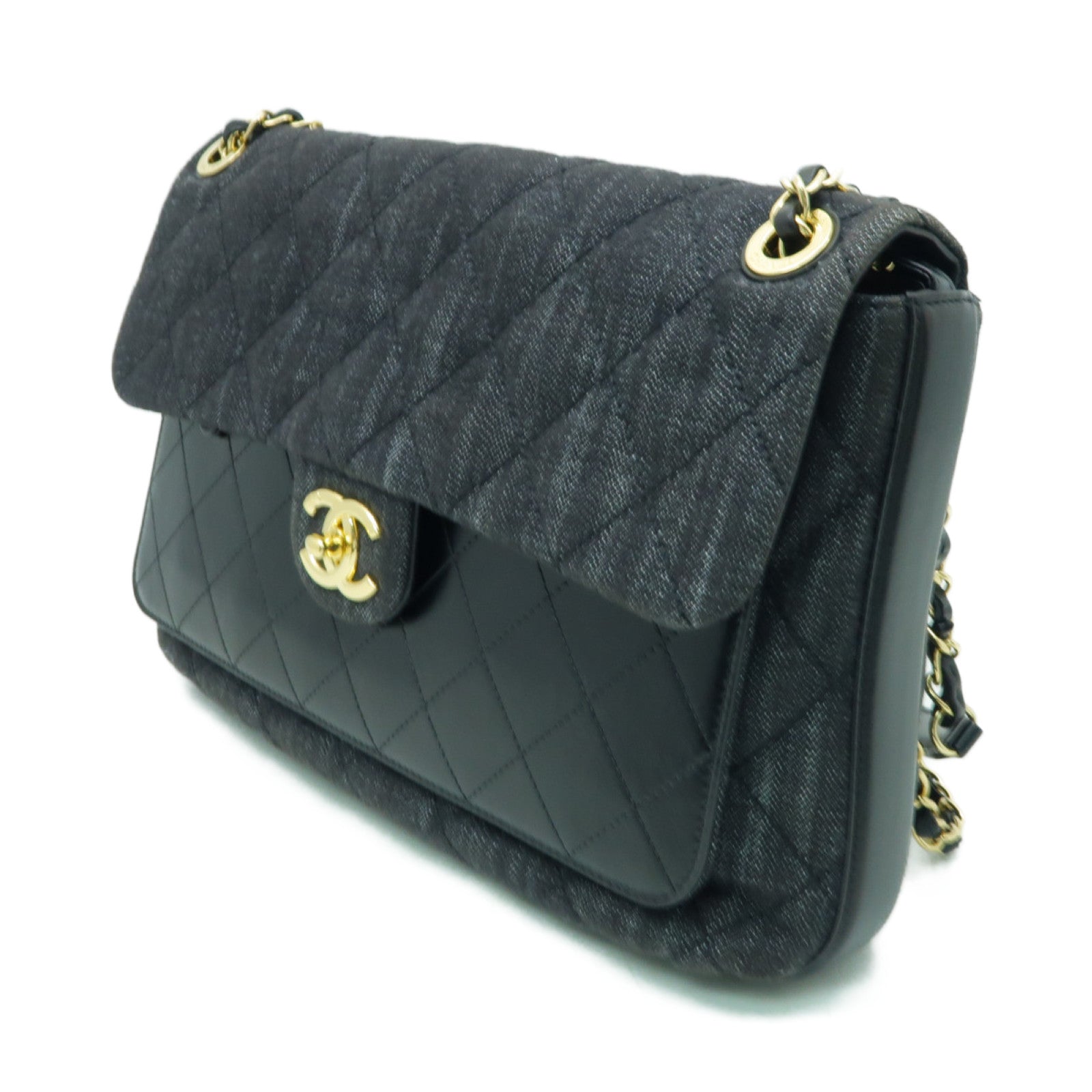 CHANEL 菱格帆布/牛皮皮革Chain Shoulder金扣鏈帶肩背袋黑色