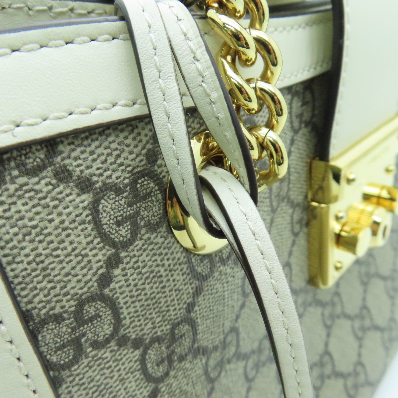 GUCCI Coated Canvas Padlock GG Small Gold Buckle Chain Shoulder Bag White/Brown