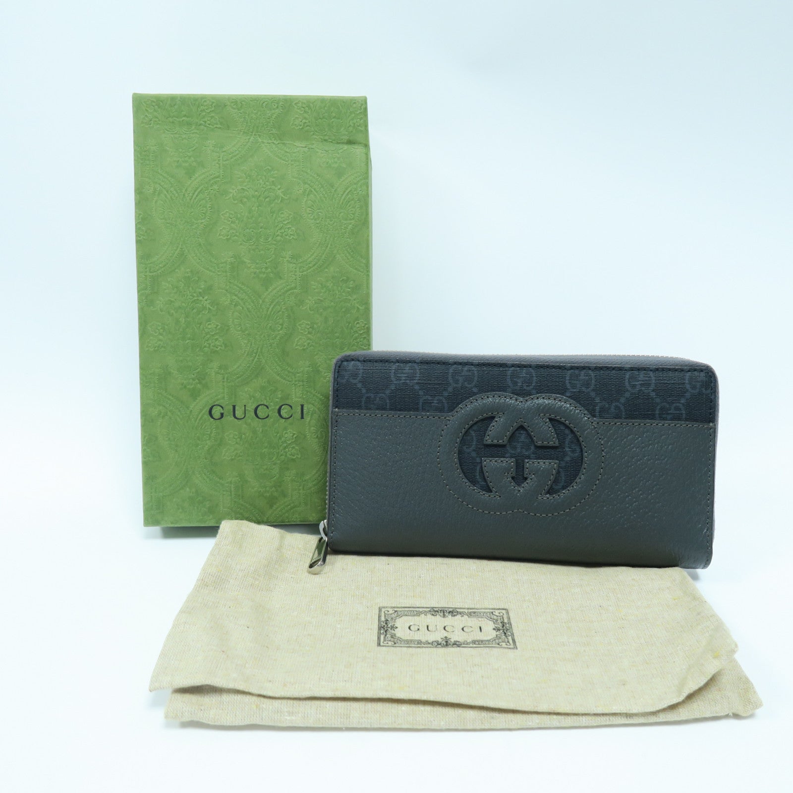 GUCCI 塗層帆布/皮革Long Wallet銀扣長錢包灰色