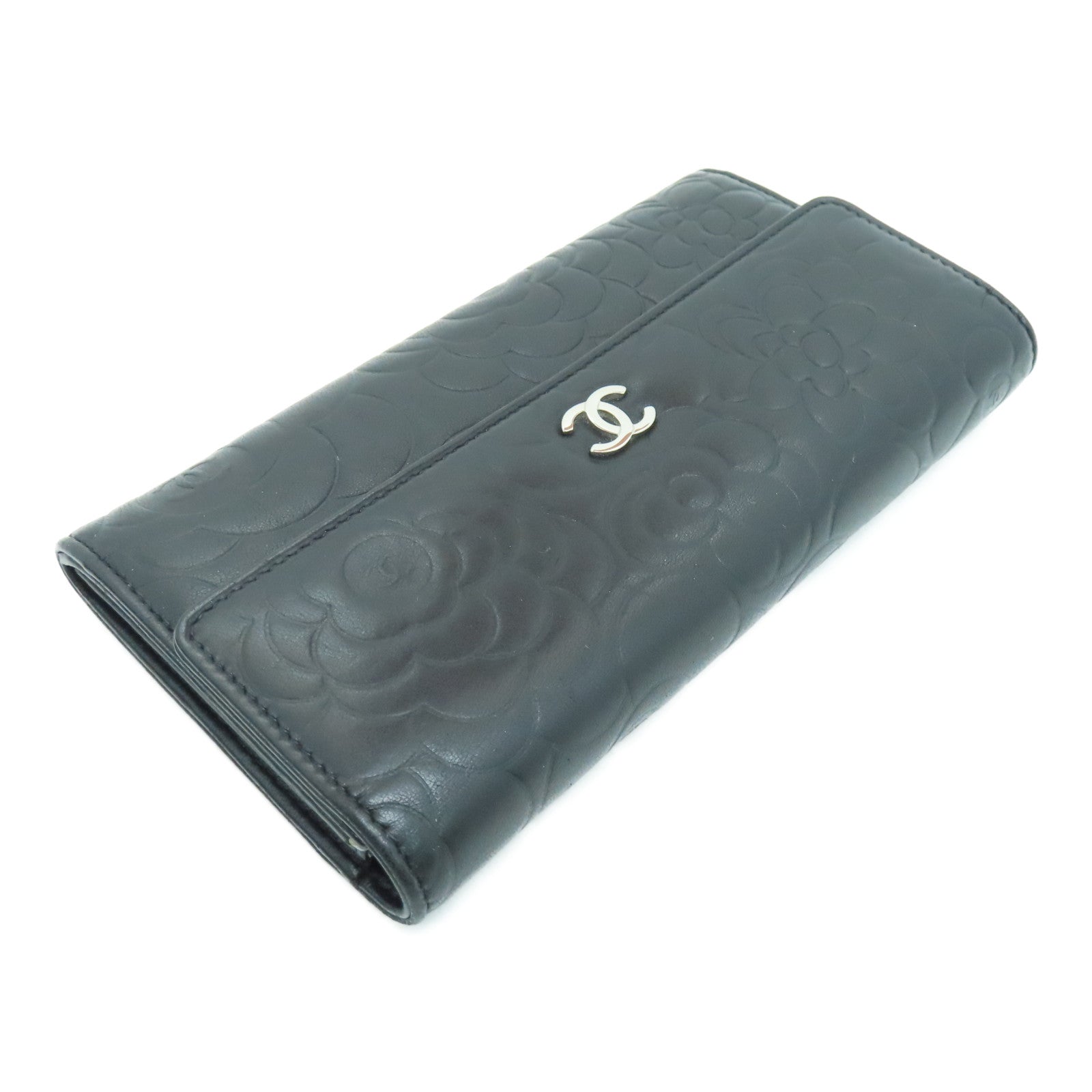 CHANEL 羊皮皮革Long Wallet银扣长钱包黑色