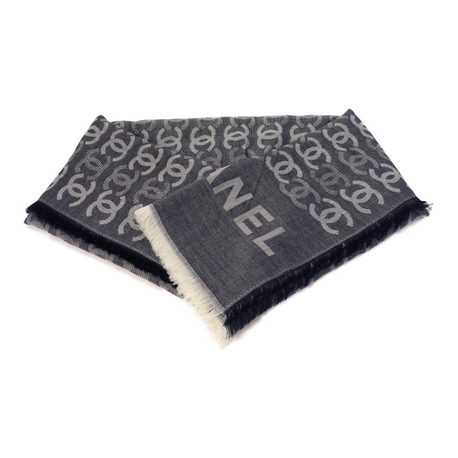 CHANEL 羊絨Scarf 90x90cm圍巾藍色/灰色