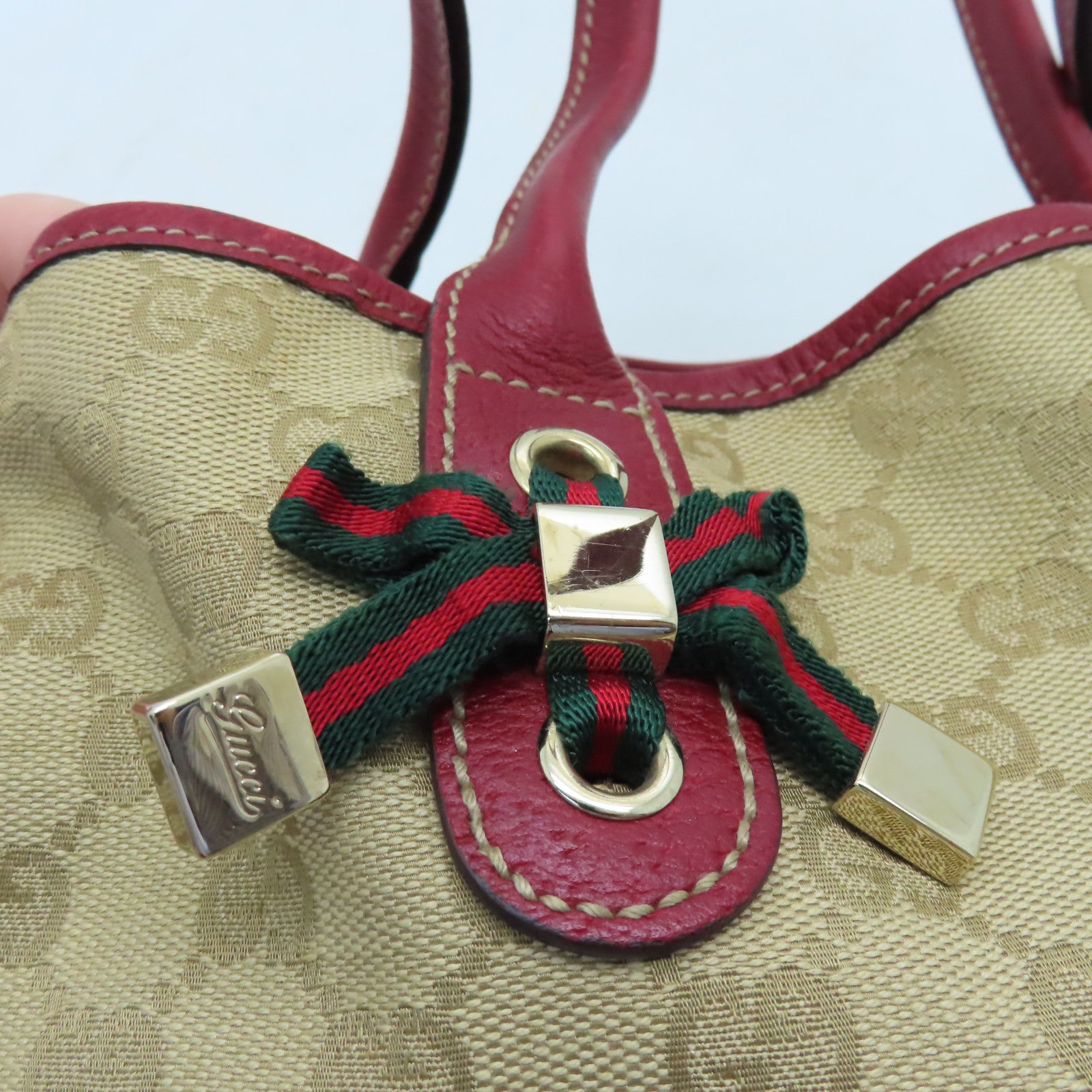GUCCI 帆布Tote Bag金扣手挽袋紅色/啡色