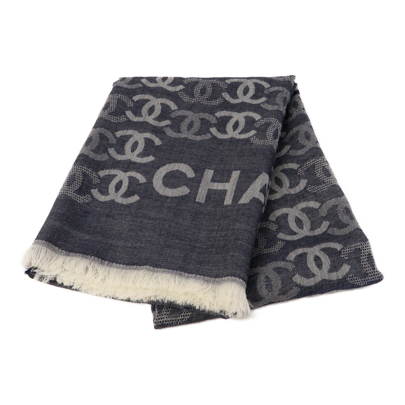CHANEL 羊絨Scarf 90x90cm圍巾藍色/灰色