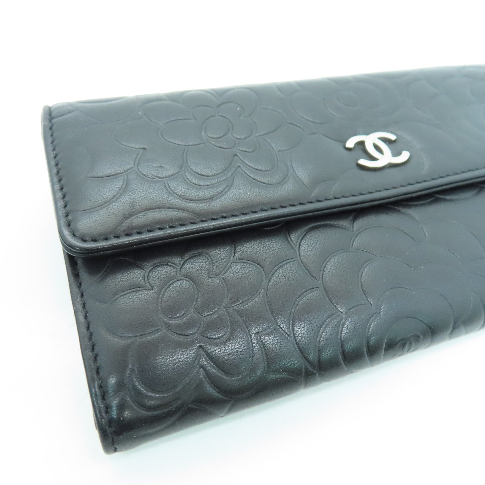 CHANEL 羊皮皮革Long Wallet银扣长钱包黑色