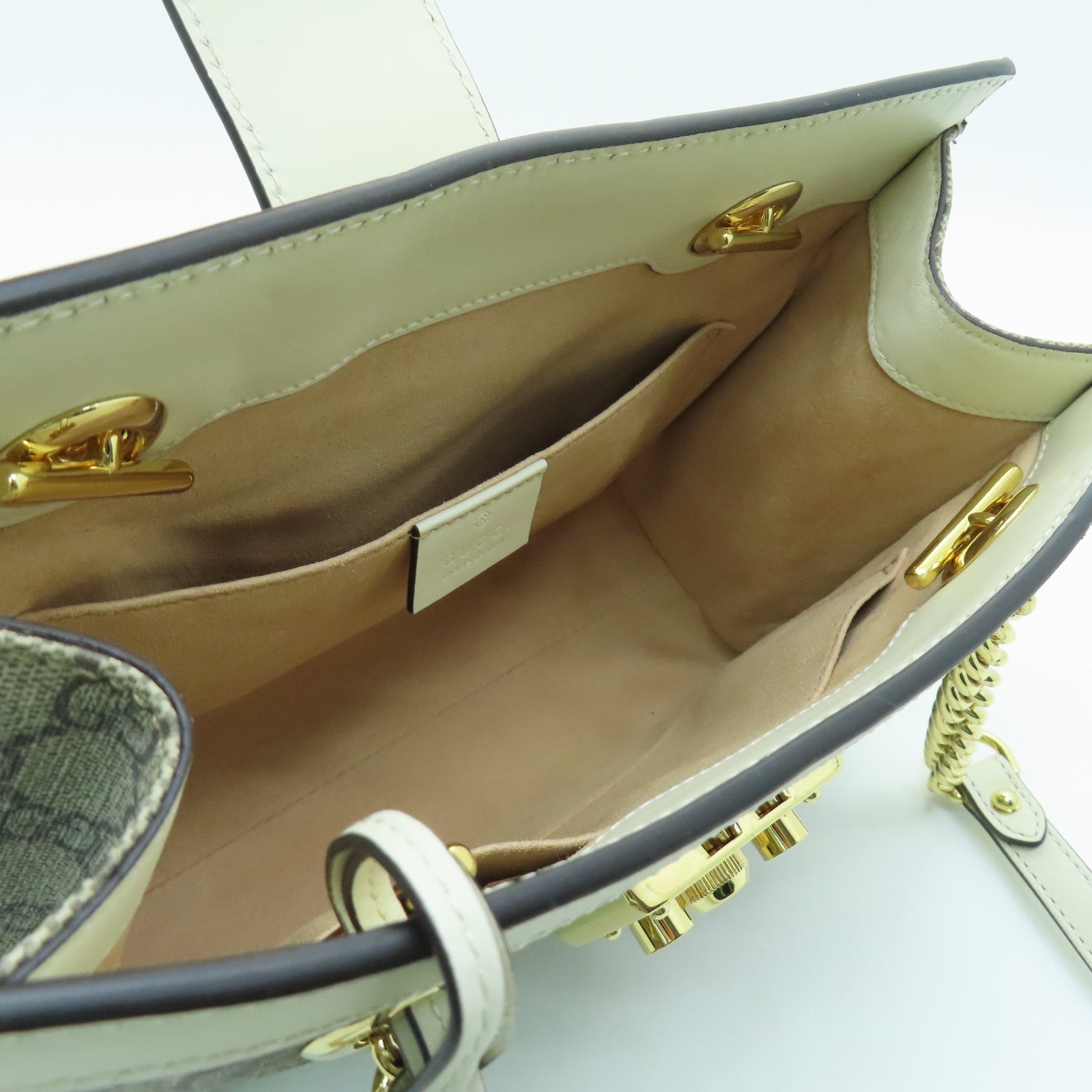 GUCCI Coated Canvas Padlock GG Small Gold Buckle Chain Shoulder Bag White/Brown