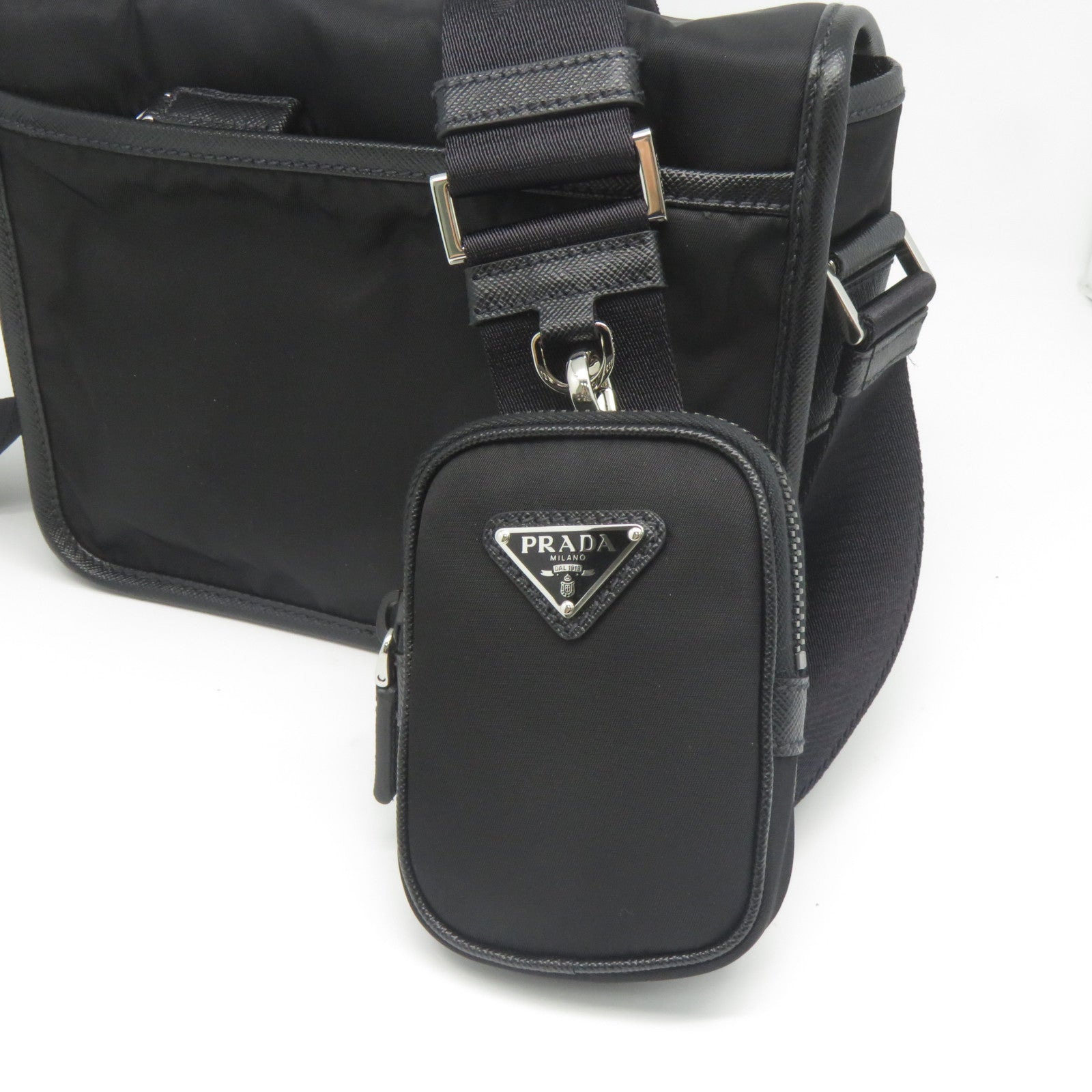 PRADA 尼龍/Saffiano皮革Shoulder Bag銀扣肩背袋黑色