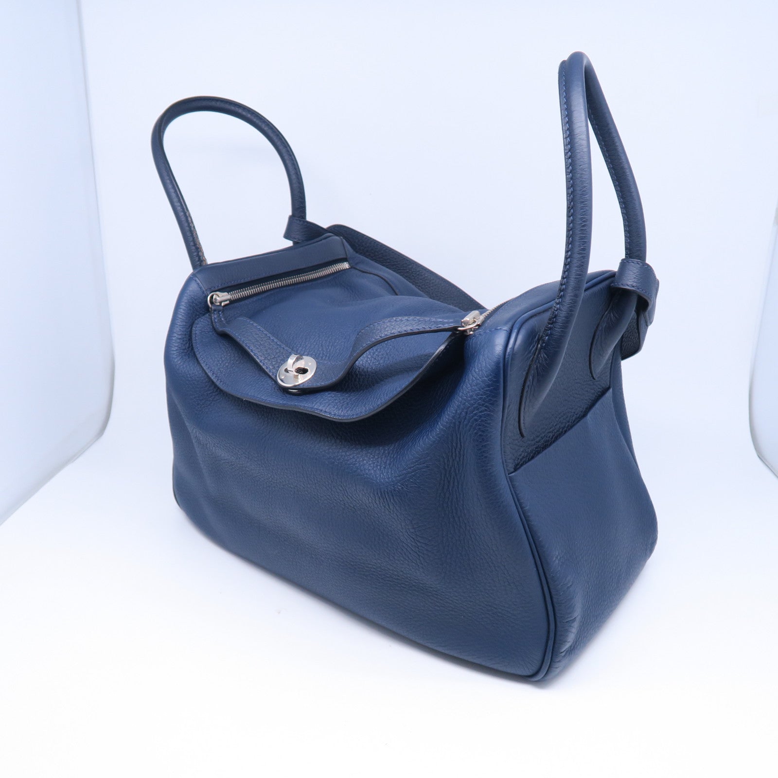 HERMES Taurillon Clemence皮革Lindy 34銀扣手挽肩背兩用袋藍色