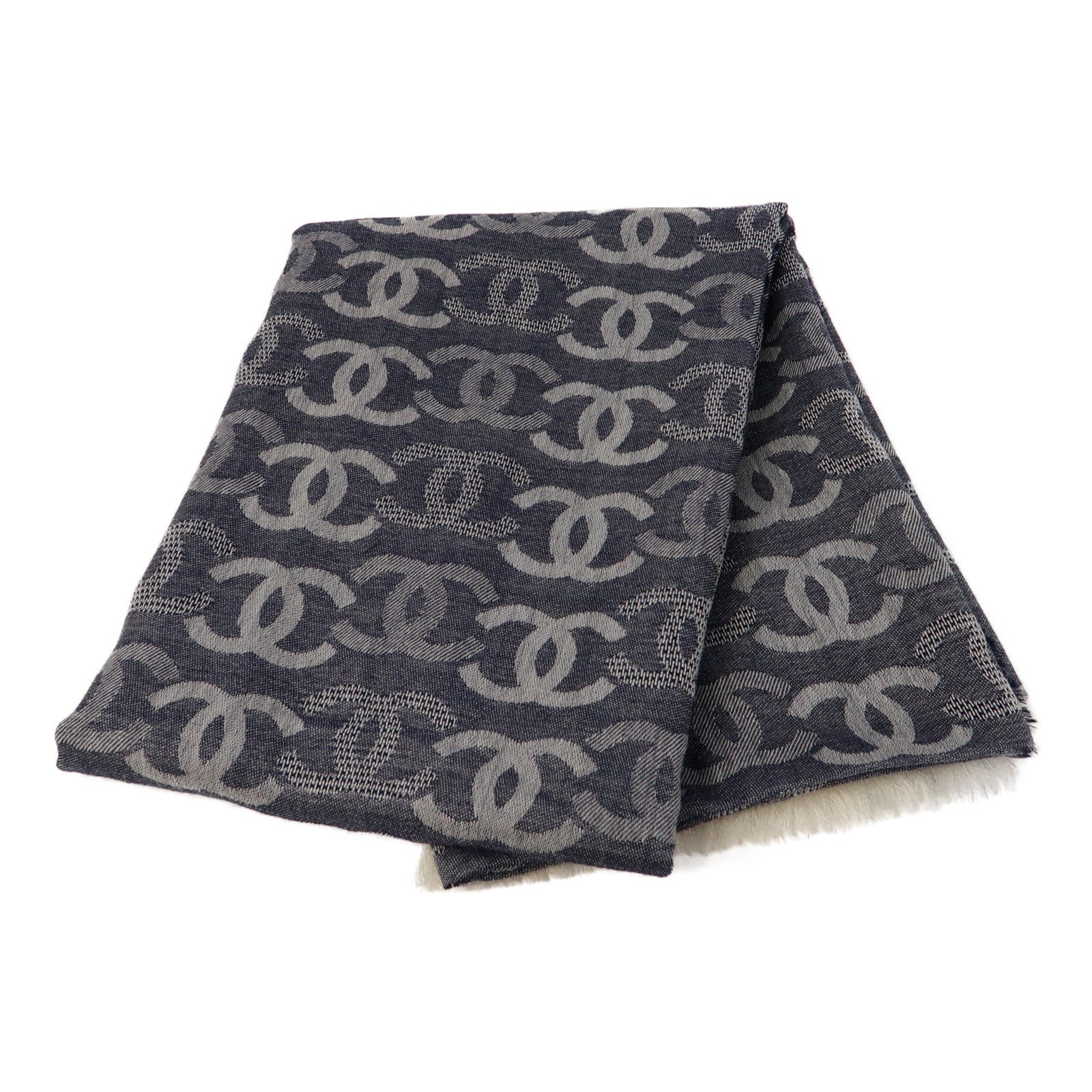 CHANEL 羊絨Scarf 90x90cm圍巾藍色/灰色