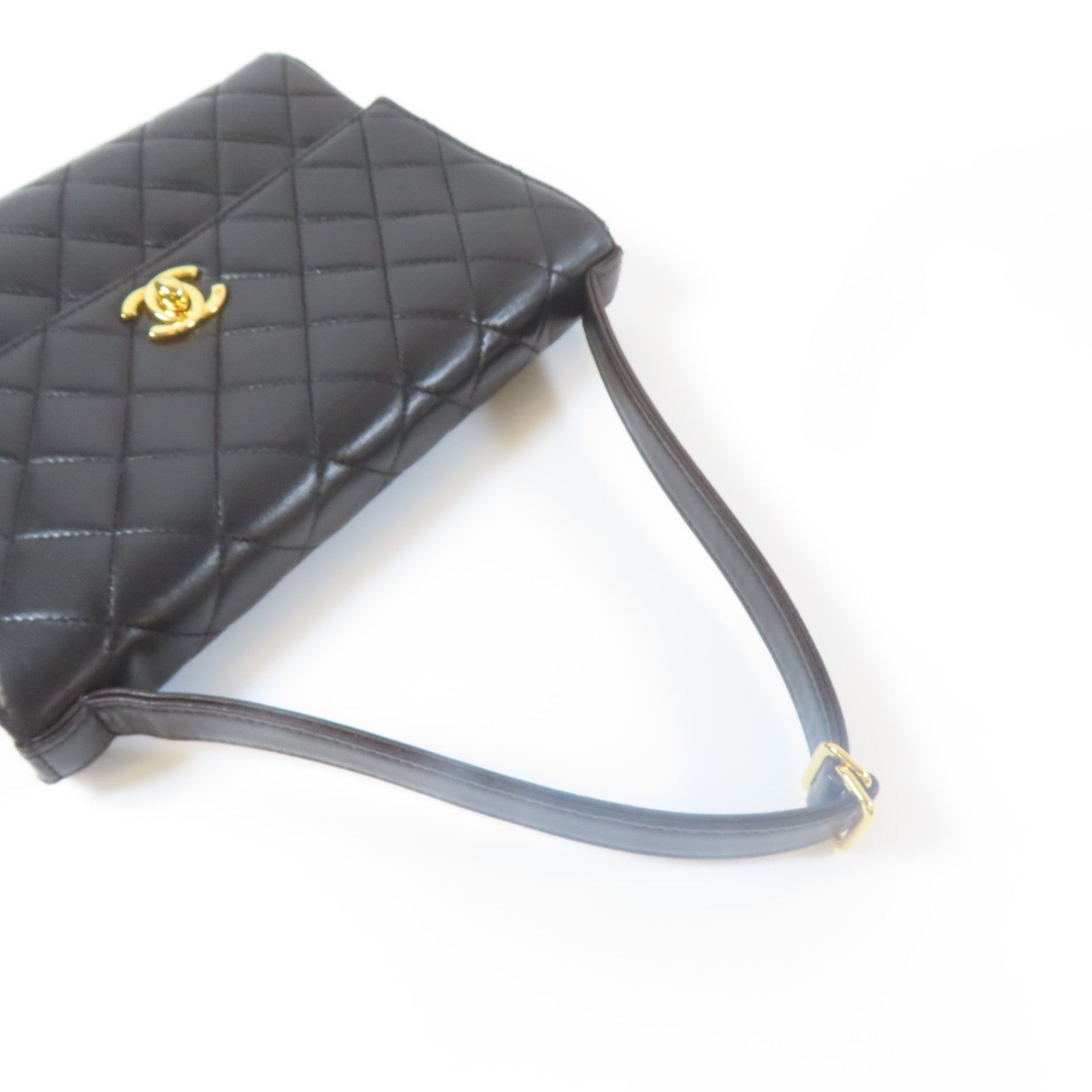 CHANEL 菱格羊皮皮革Handbag金扣手挽袋黑色