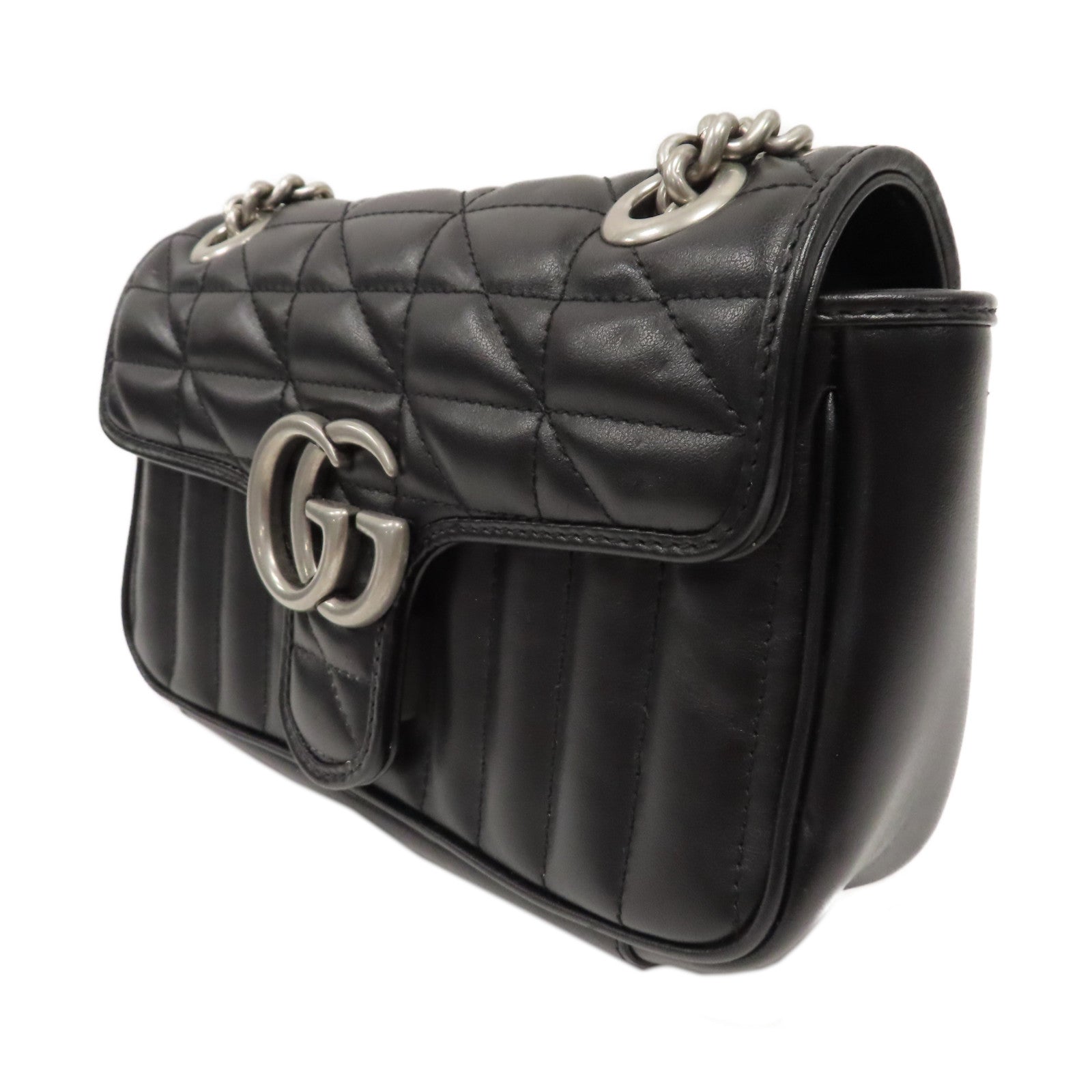 GUCCI 牛皮皮革GG Marmont銀扣鏈帶肩背袋黑色