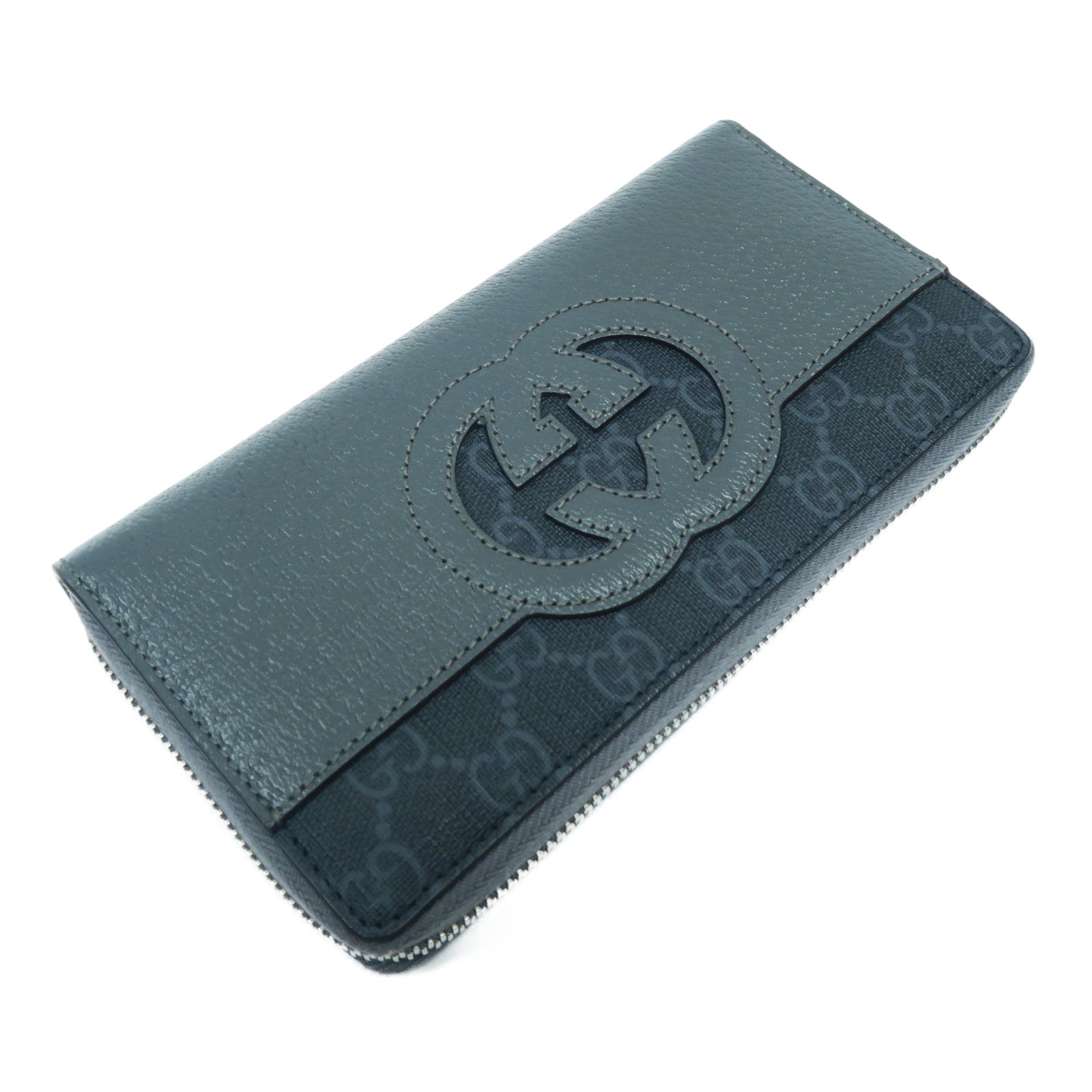 GUCCI 塗層帆布/皮革Long Wallet銀扣長錢包灰色