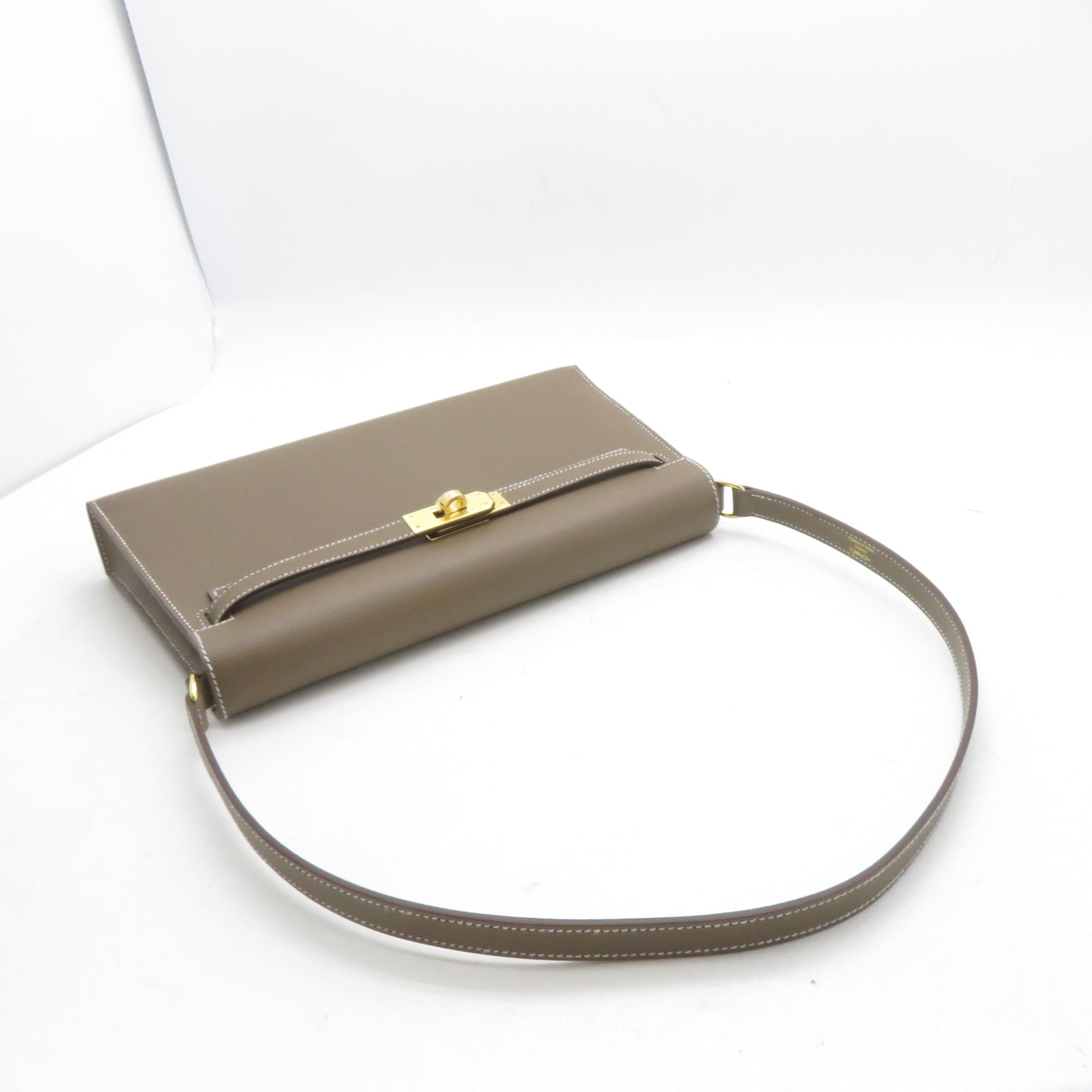 HERMES Madame皮革 Kelly Elan金扣肩背袋Etoupe大象灰色