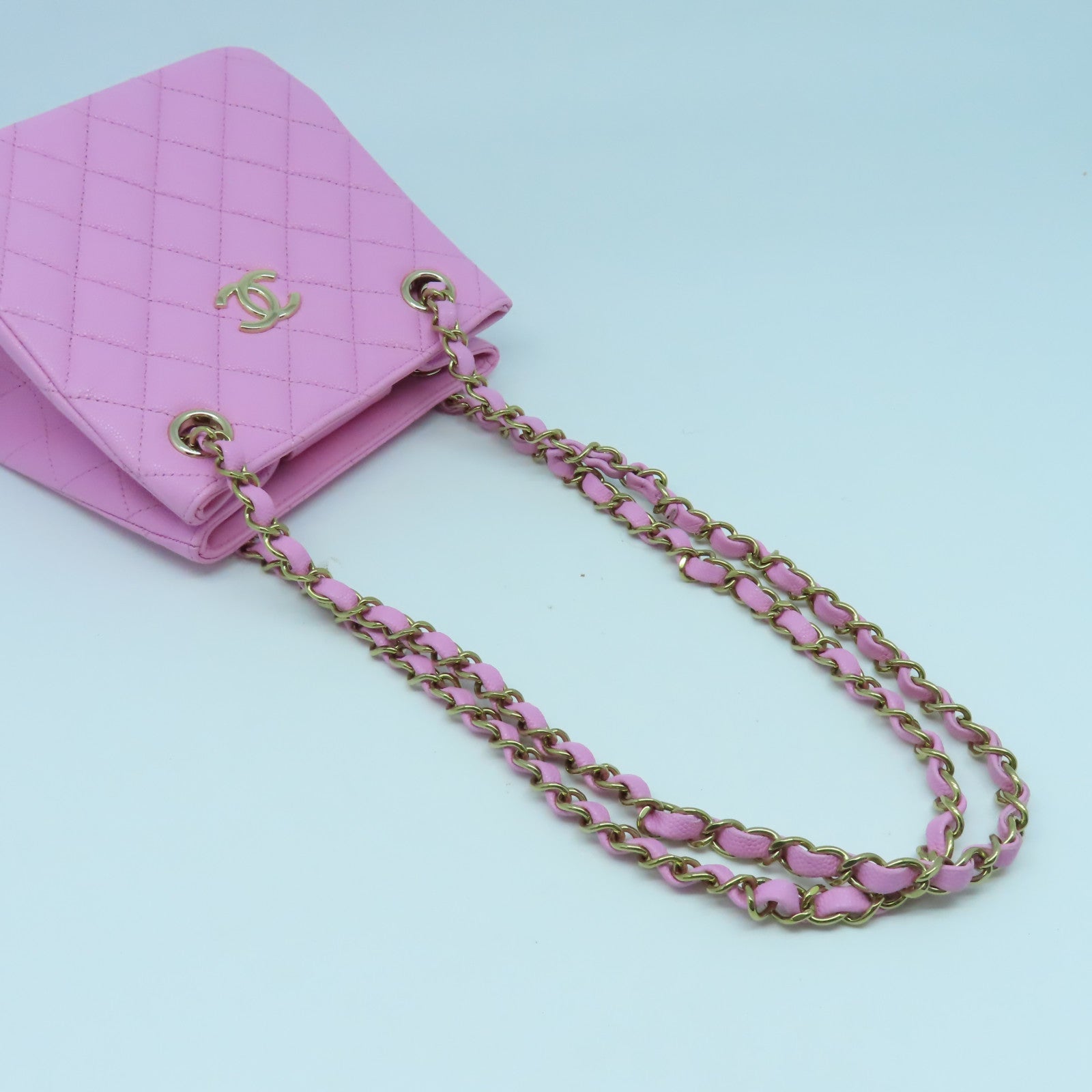 CHANEL 菱格牛皮皮革Chain Shoulder金扣鏈帶肩背袋粉紅色