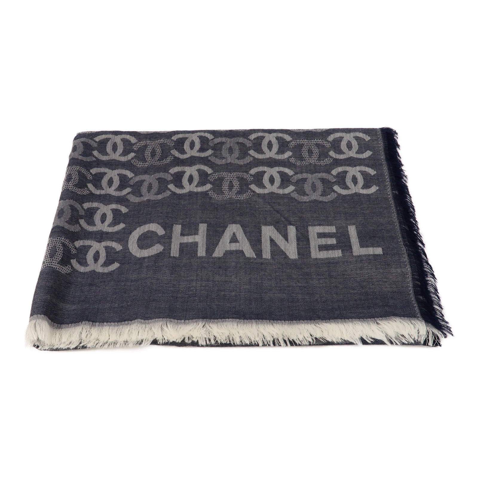 CHANEL 羊絨Scarf 90x90cm圍巾藍色/灰色