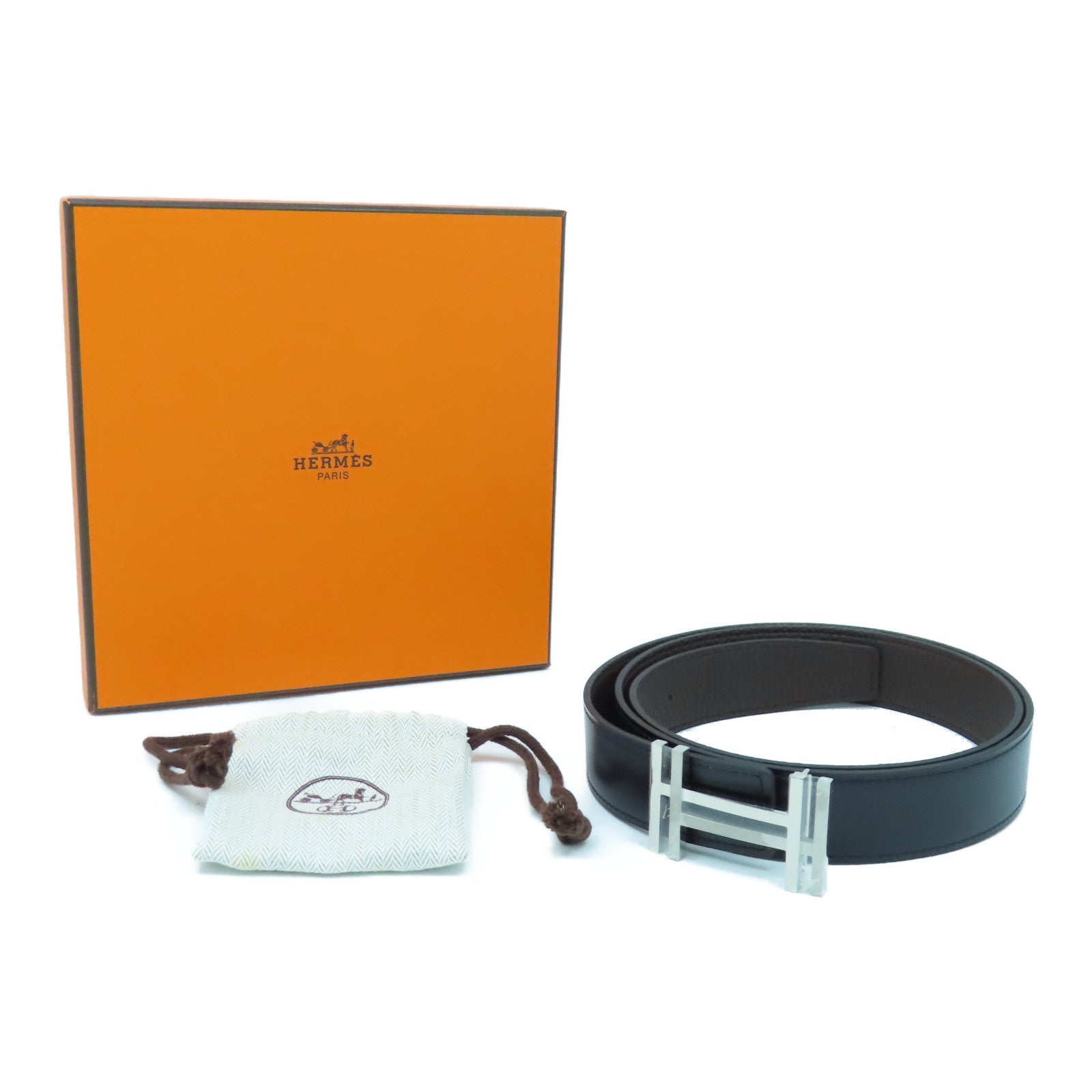 HERMES Box Calf皮革/Clemence皮革H Belt 100cm銀扣皮帶黑色/啡色