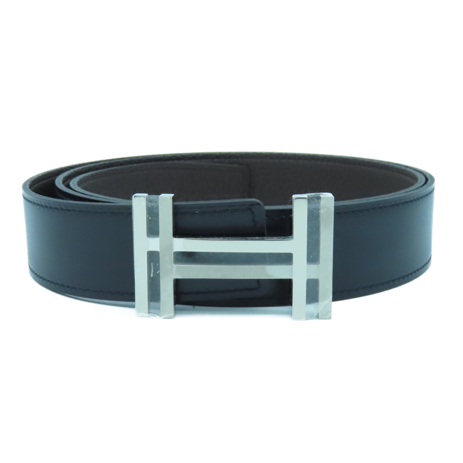 HERMES Box Calf皮革/Clemence皮革H Belt 100cm銀扣皮帶黑色/啡色