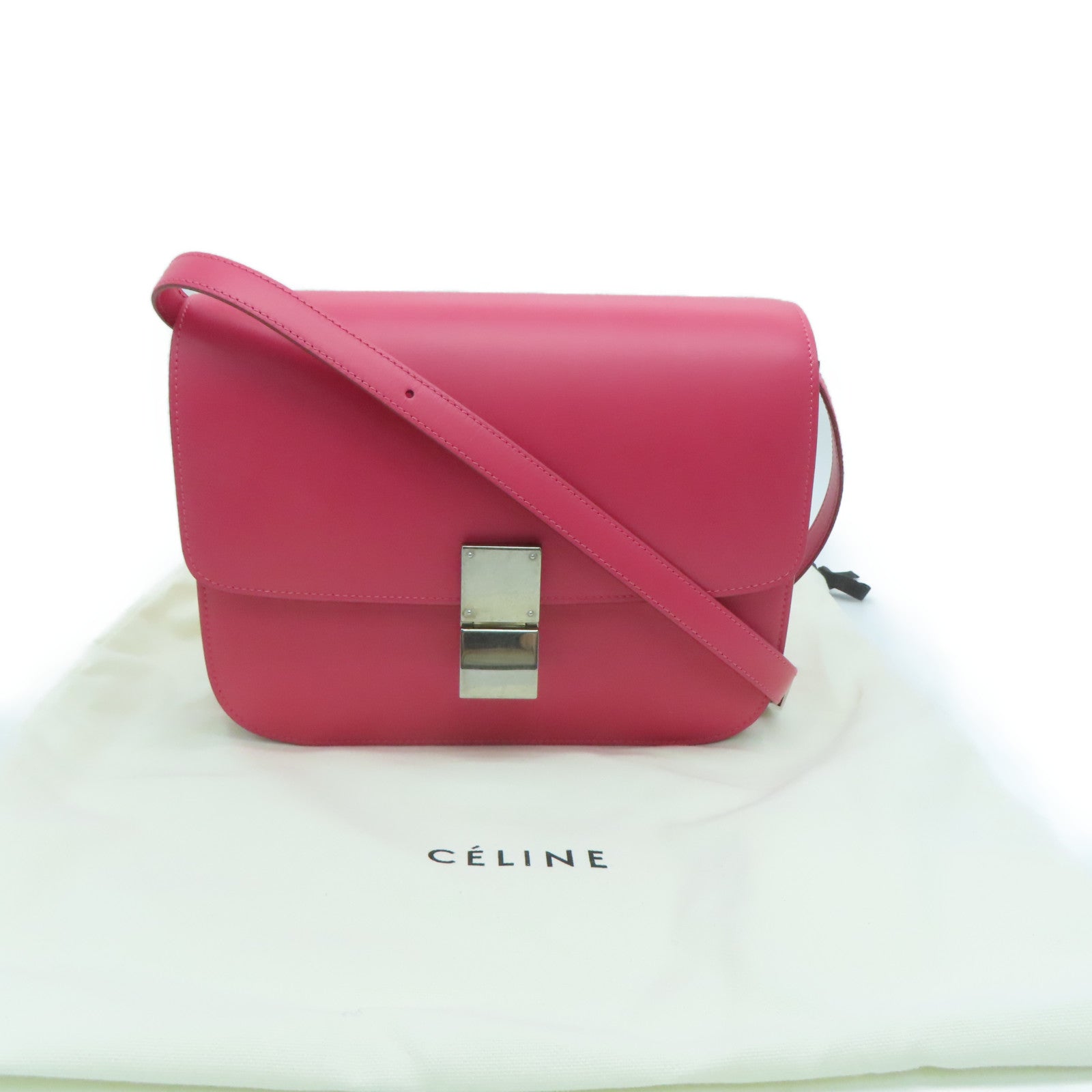 CELINE Cowhide Leather Box Silver Buckle Shoulder Bag Pink