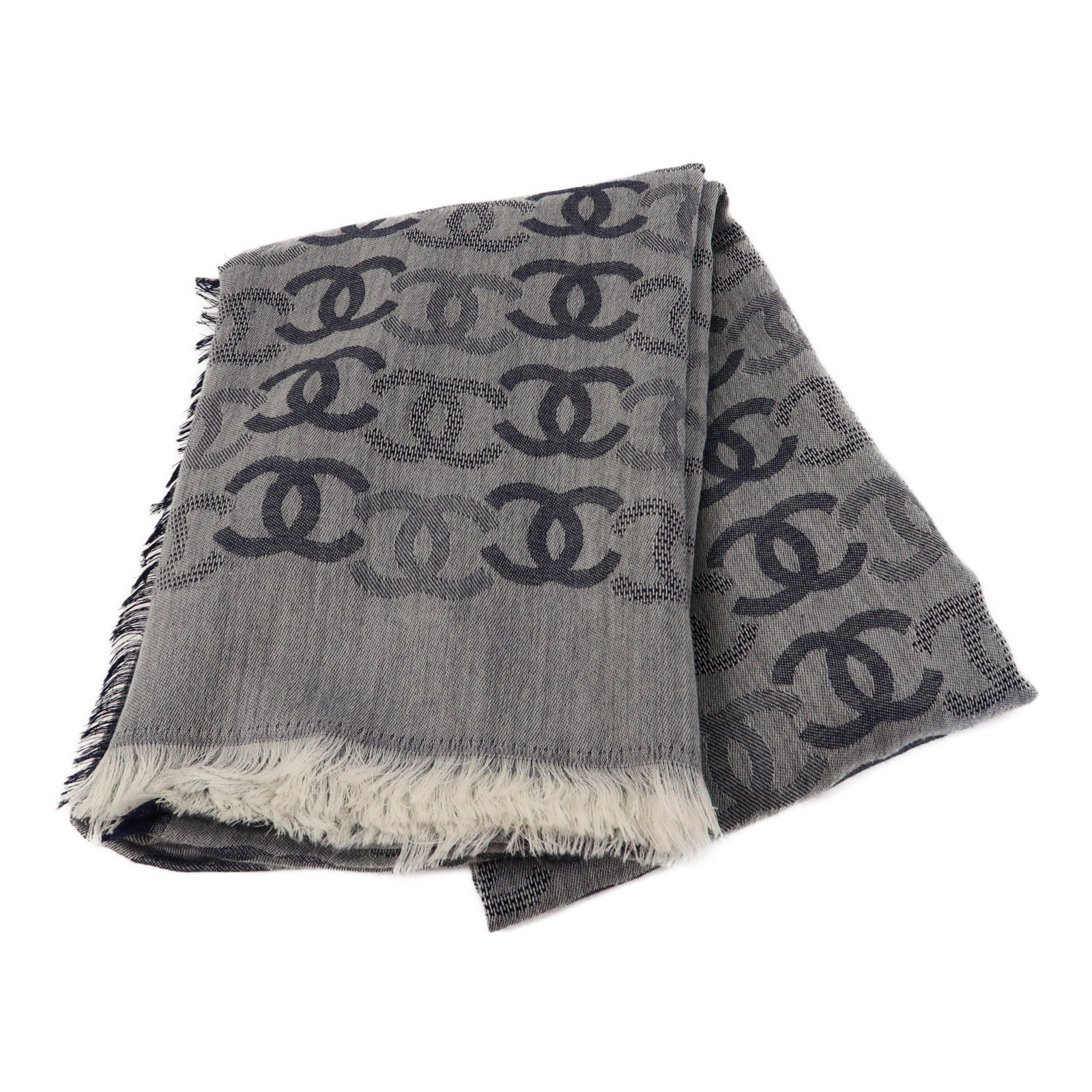 CHANEL 羊絨Scarf 90x90cm圍巾藍色/灰色