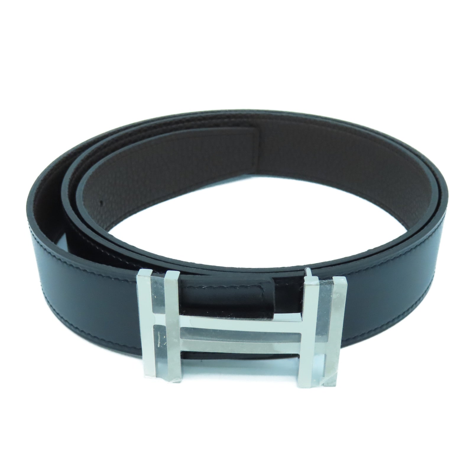 HERMES Box Calf皮革/Clemence皮革H Belt 100cm銀扣皮帶黑色/啡色