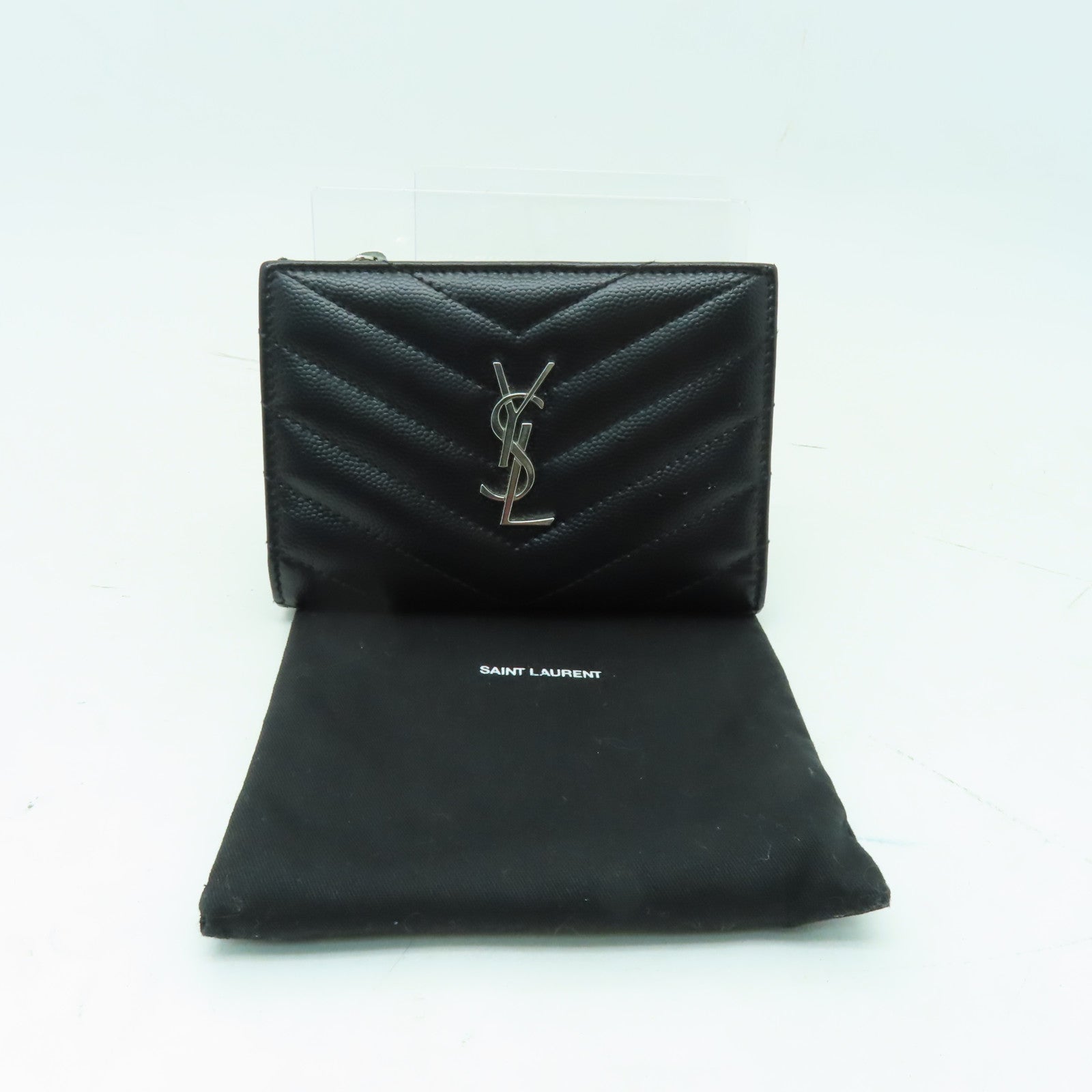 YVES SAINT LAURENT 牛皮皮革Wallet銀扣錢包黒色