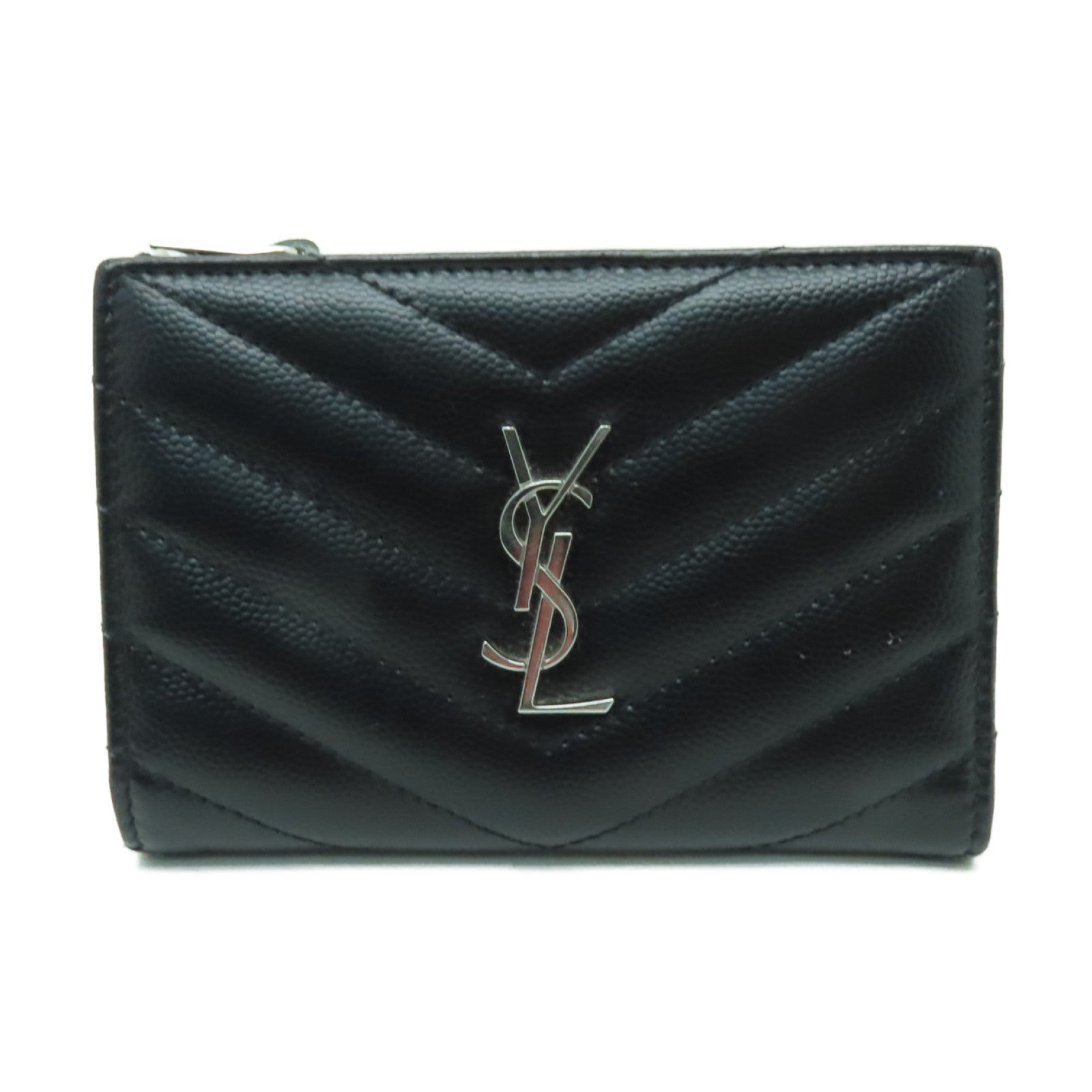 YVES SAINT LAURENT 牛皮皮革Wallet銀扣錢包黒色