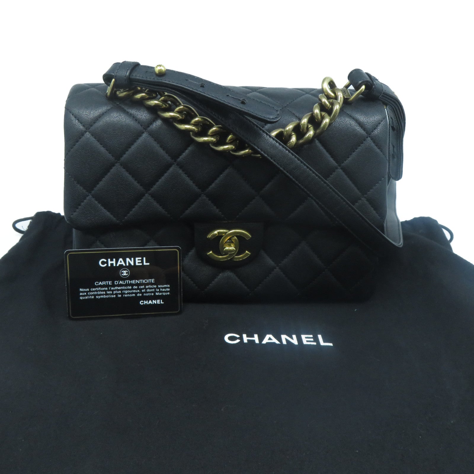 CHANEL 菱格牛皮皮革Shoulder Bag金扣手挽肩背兩用袋黑色